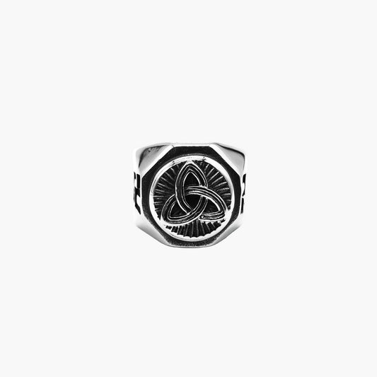 Norse-Gael Ring by HOUSE OF ROK showing Triquetra motif and rune engravings on 316L stainless steel band