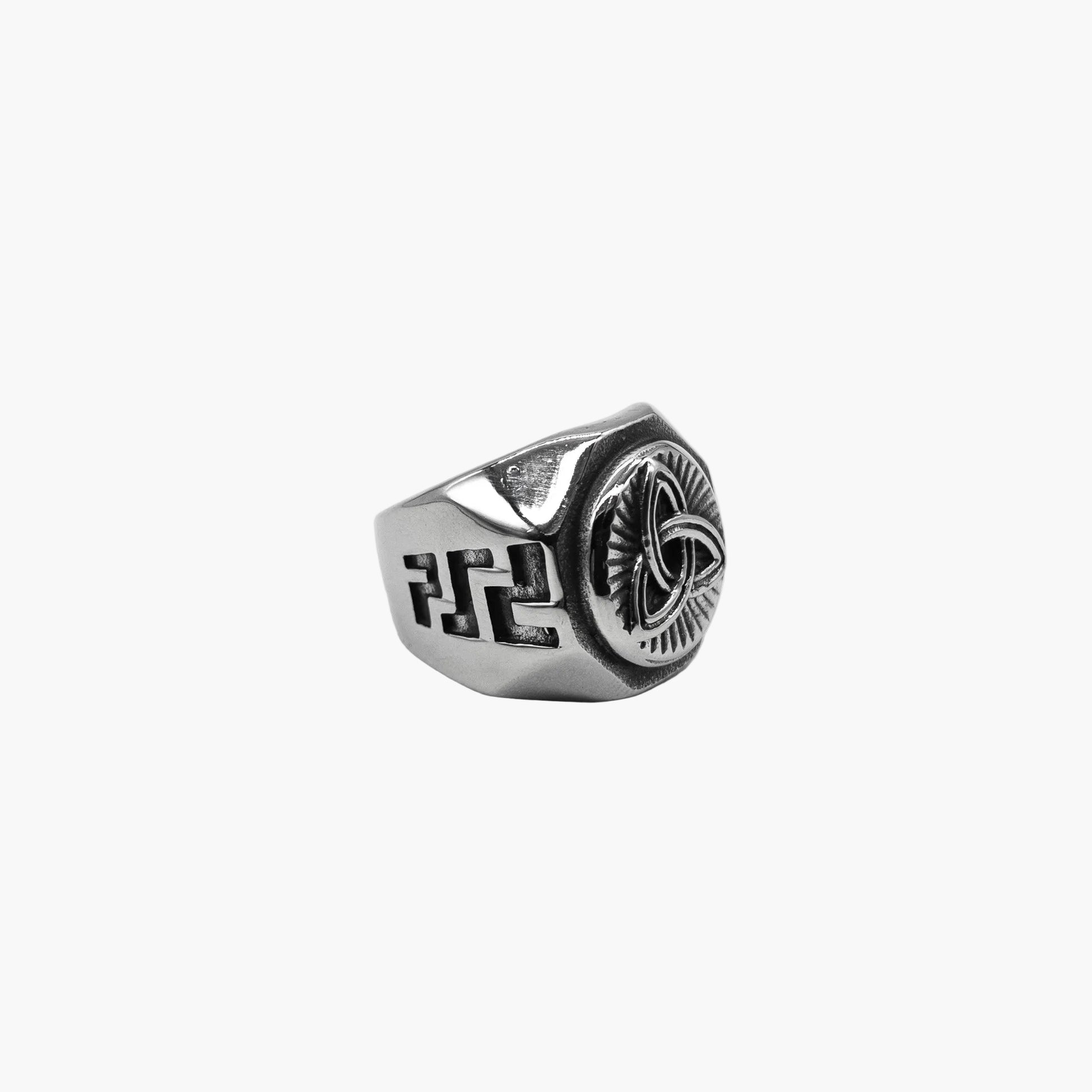 Left side view of Norse-Gael Ring with detailed rune engravings