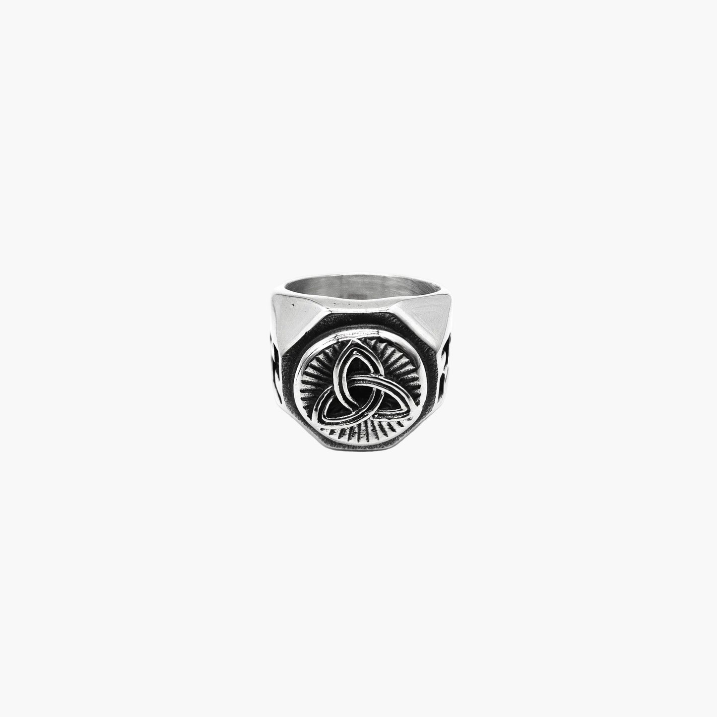 Top down view of Norse-Gael Ring with detailed rune engravings