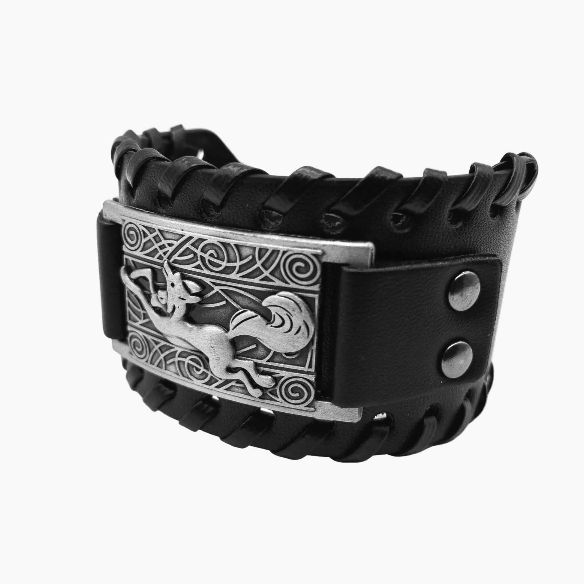 Left side view of Norse Horse Wrist Cuff with adjustable premium leather strap and refined detailing