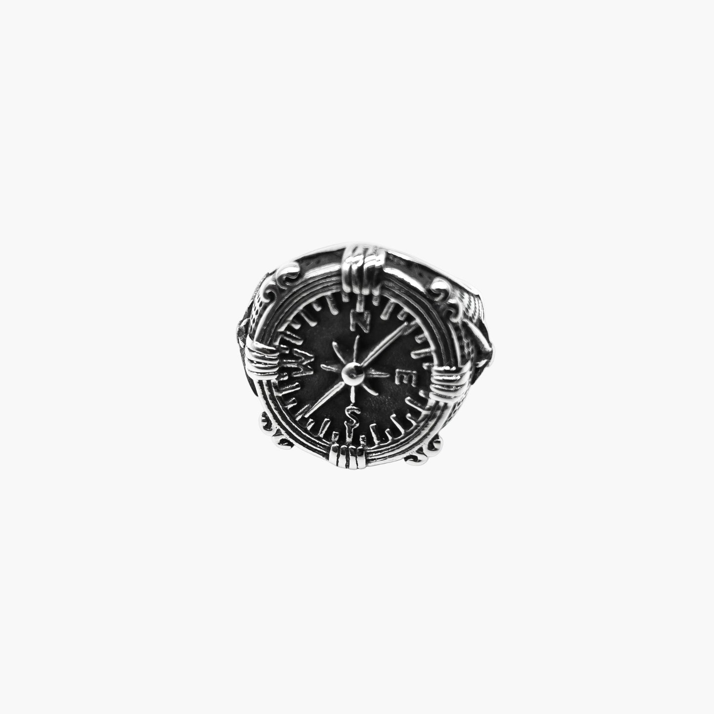 directional marker engraving detail on Norse Navigator stainless steel ring
