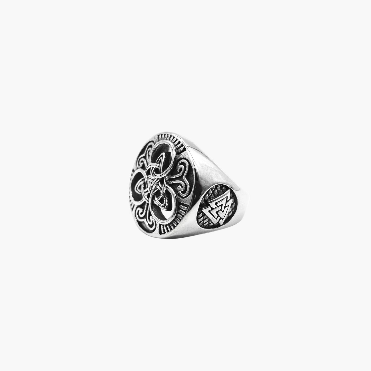 left angle view of Norse Pagan ring showing Valknut side motif