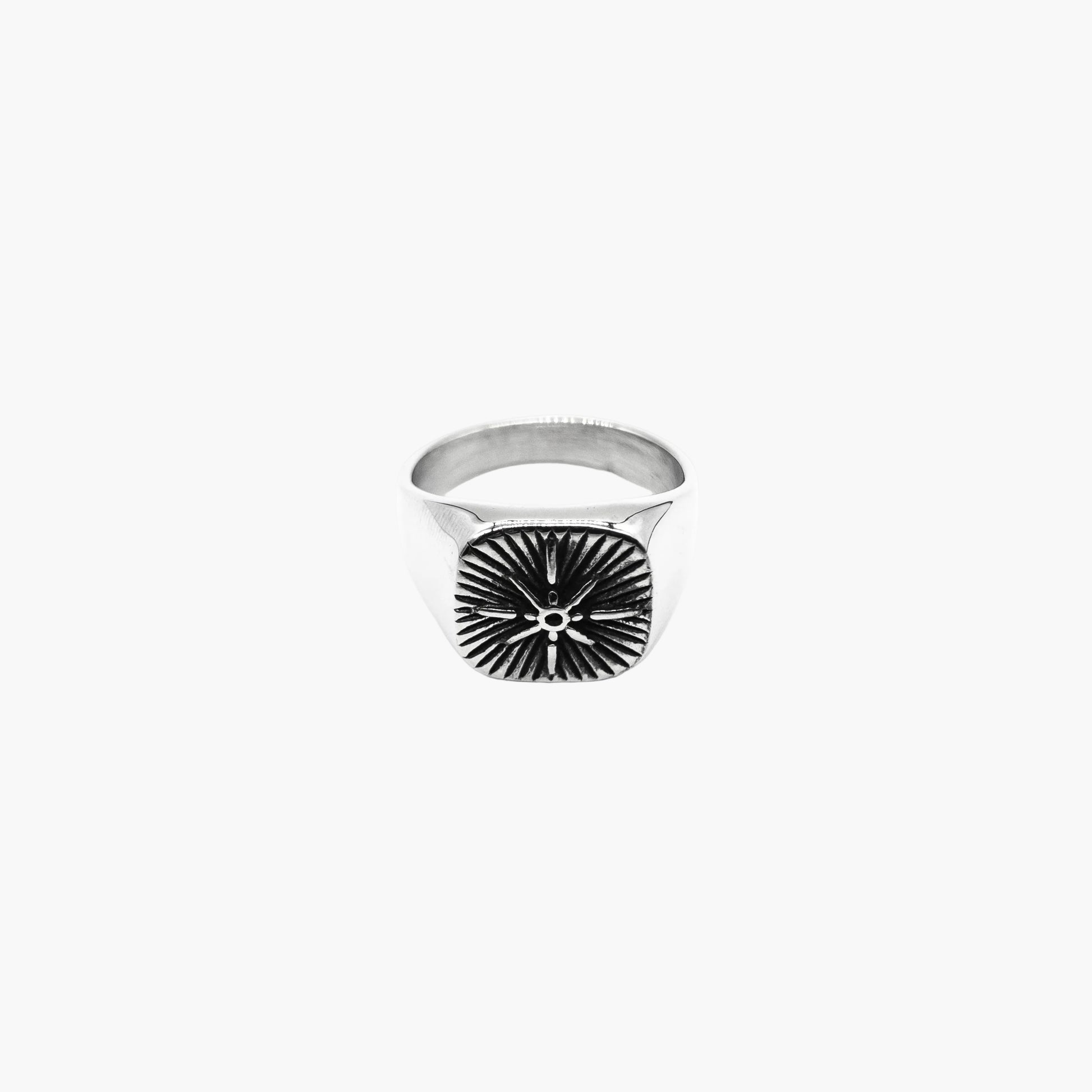 right angle view of Norse Star ring in 316L stainless steel