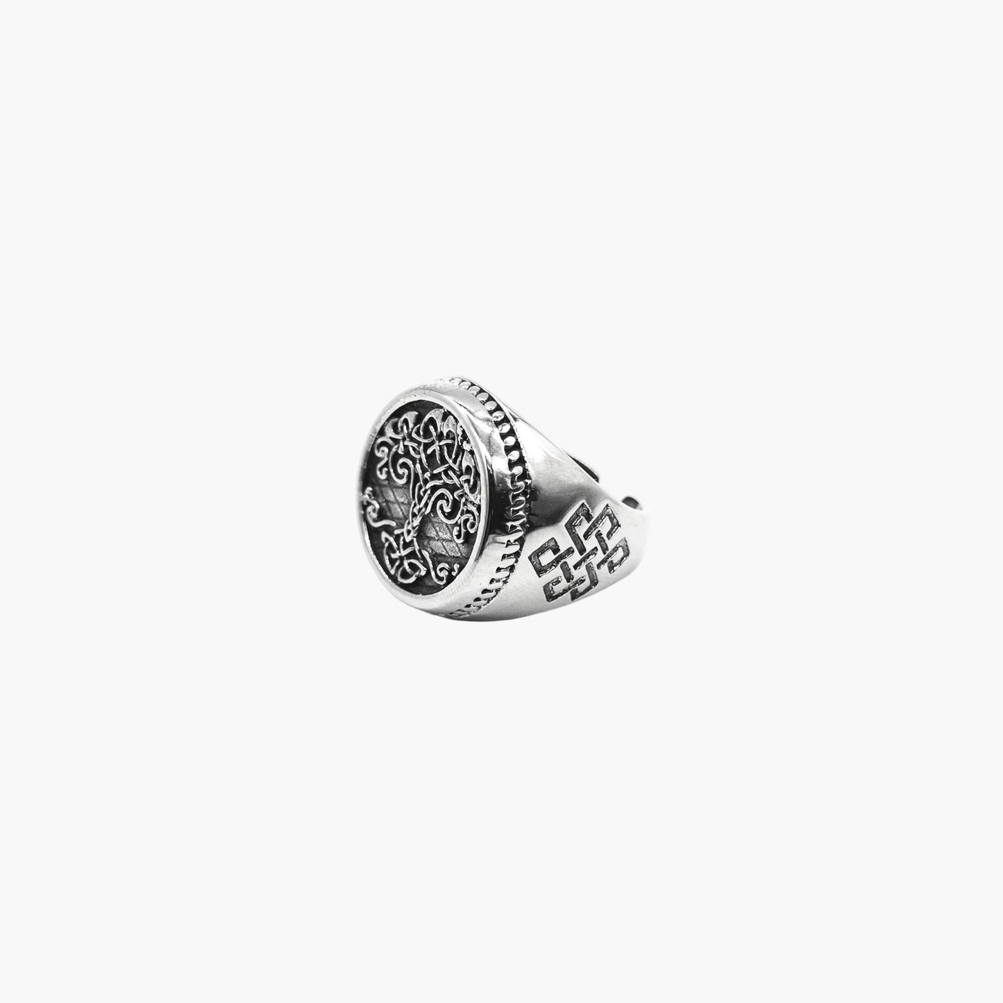 left angle view of Norse Tree Yggdrasil stainless steel ring