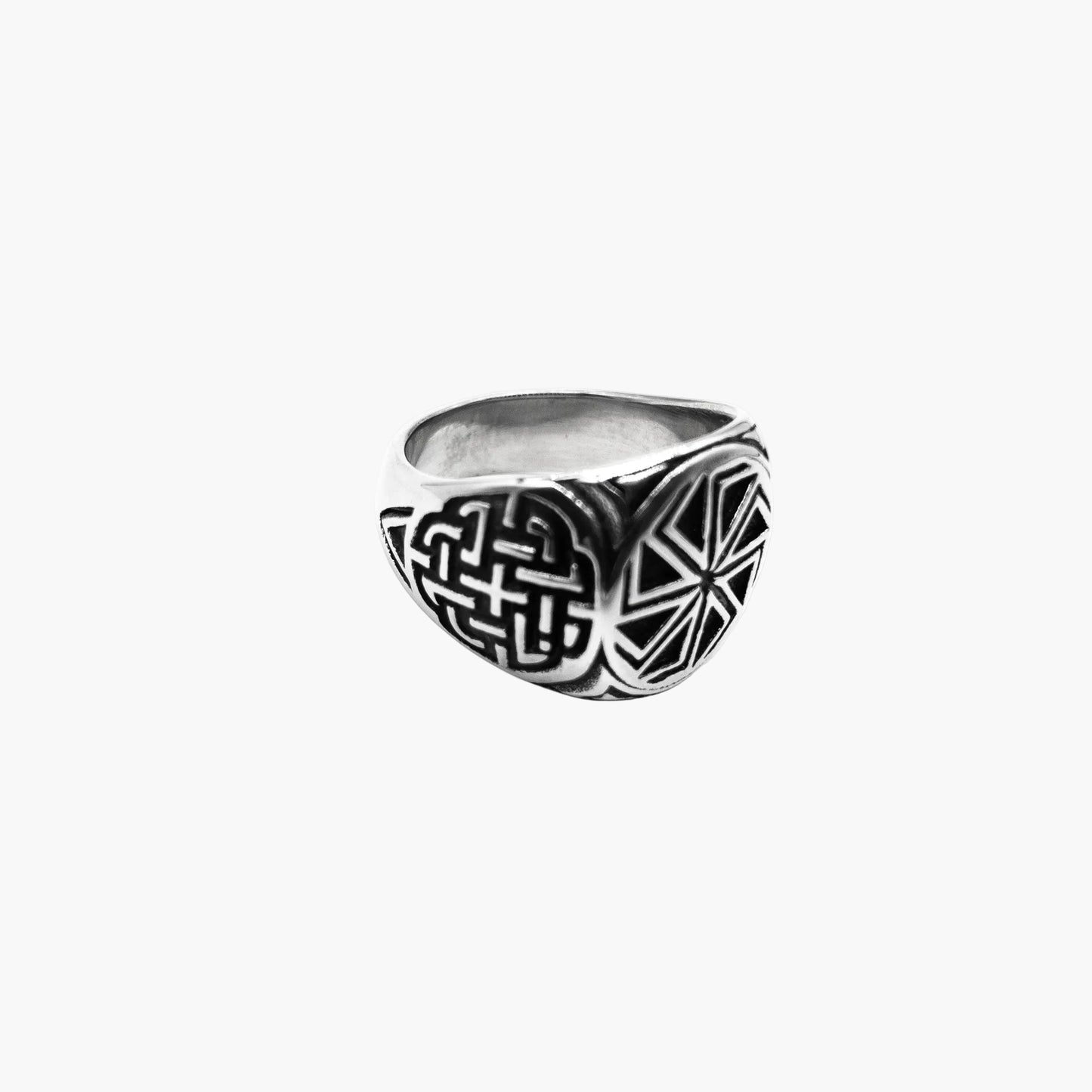 Right side view of Norse Wheel Ring showing detailed engraving along the band.