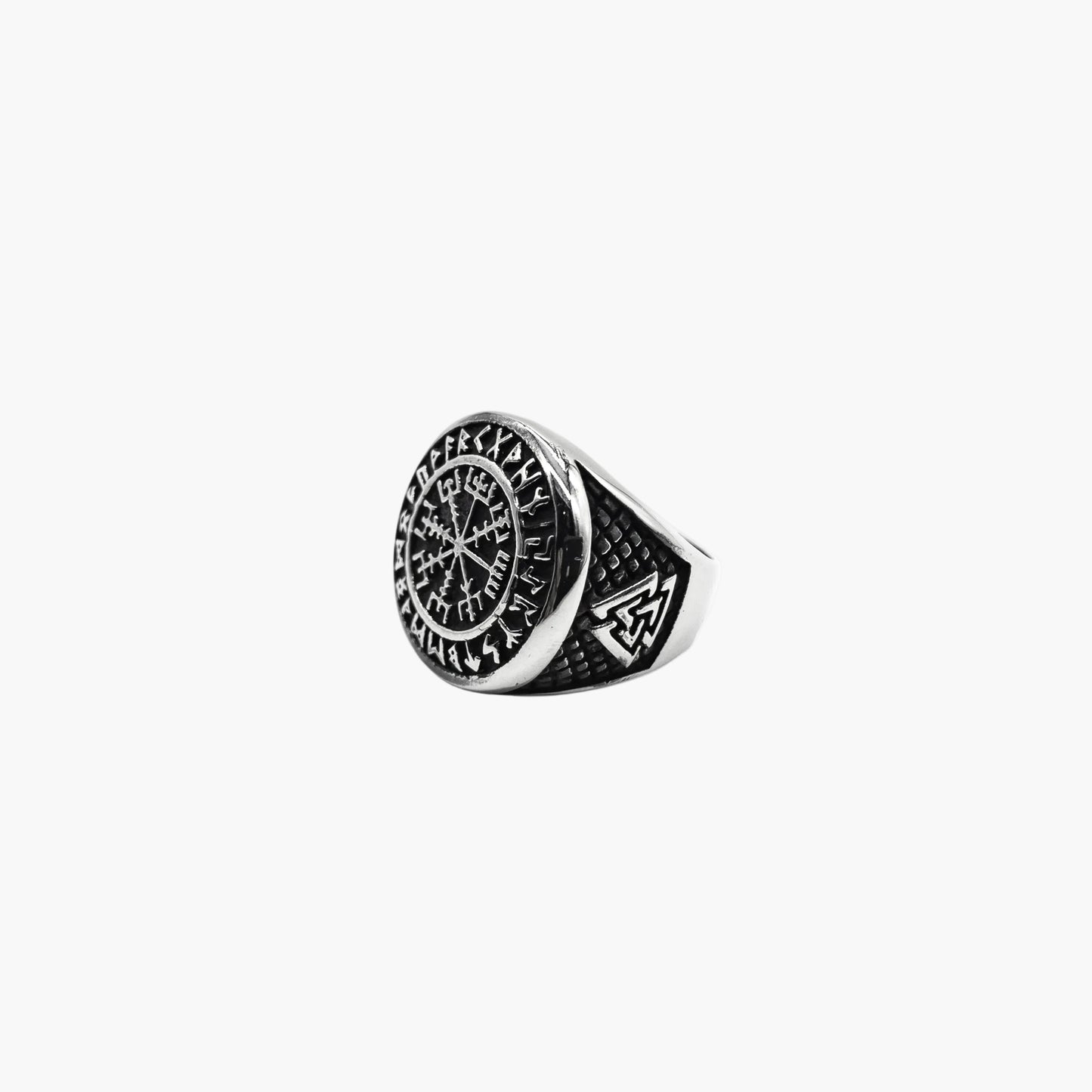 left angle view of Norseman ring showing Valknut side band detail