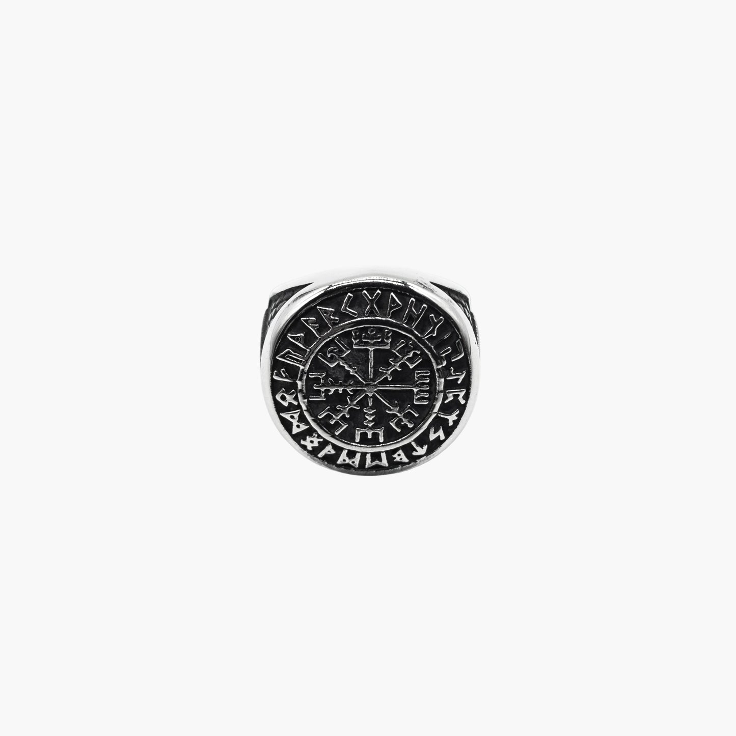 Vegvisir compass framed by runic characters on face of Norseman ring