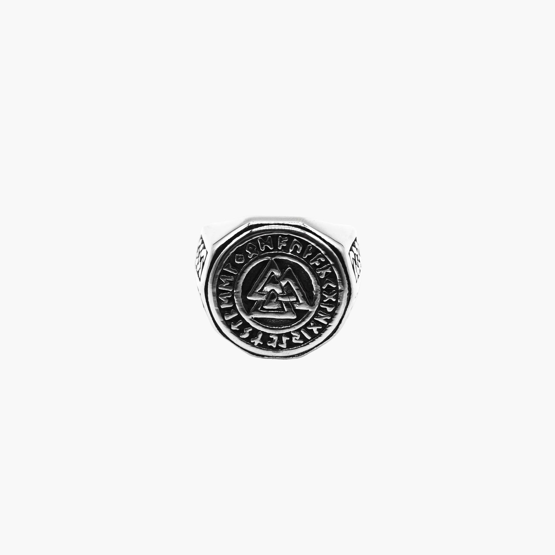 Odin Ring by HOUSE OF ROK showing Valknut symbol engraved on the face and knot patterns along the band.