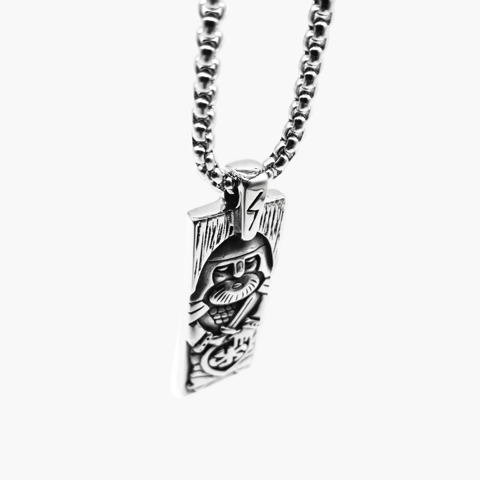left angle view of Odin Talisman pendant in 316L stainless steel
