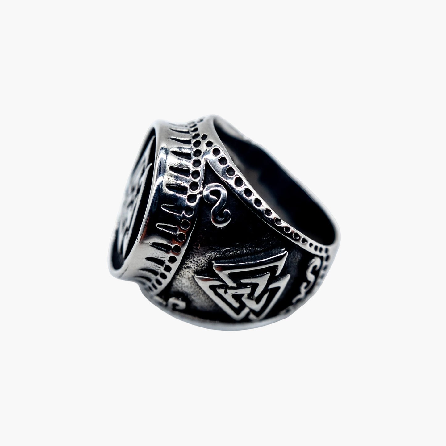 side view of Rebirth Viking ring showing band detail from left side