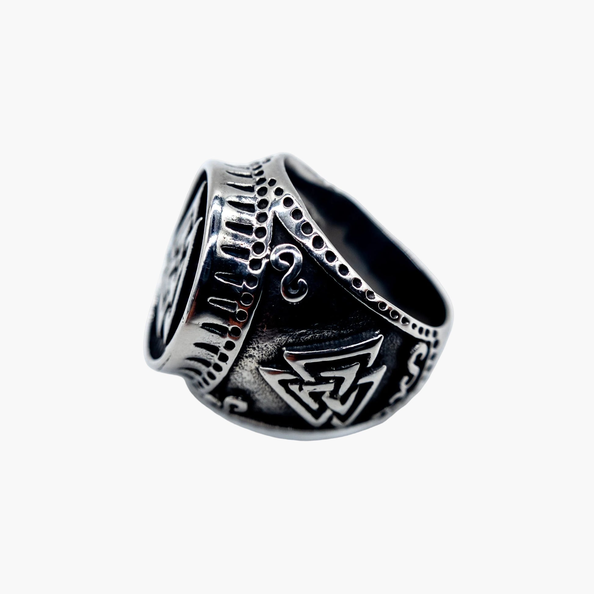 side view of Rebirth Viking ring showing band detail from left side