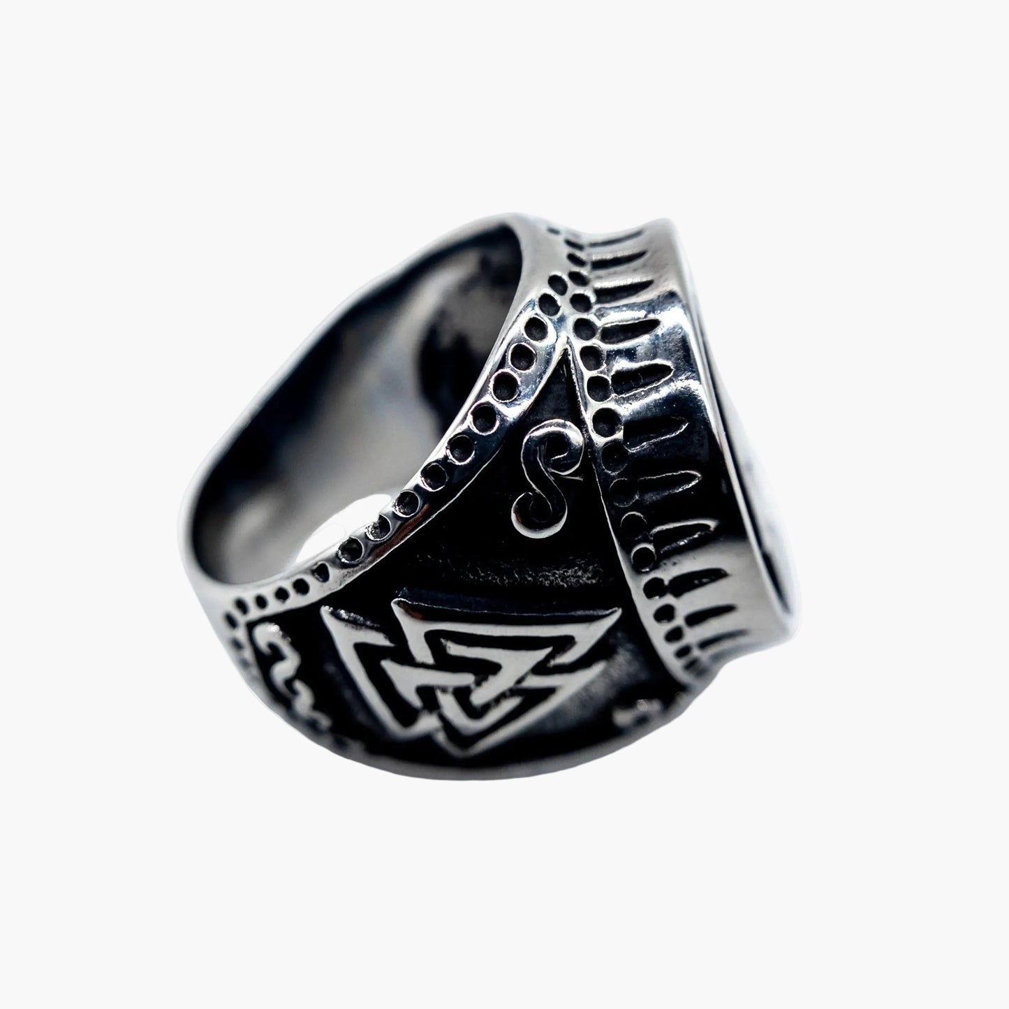 side view of Rebirth Viking ring showing band showing valknut