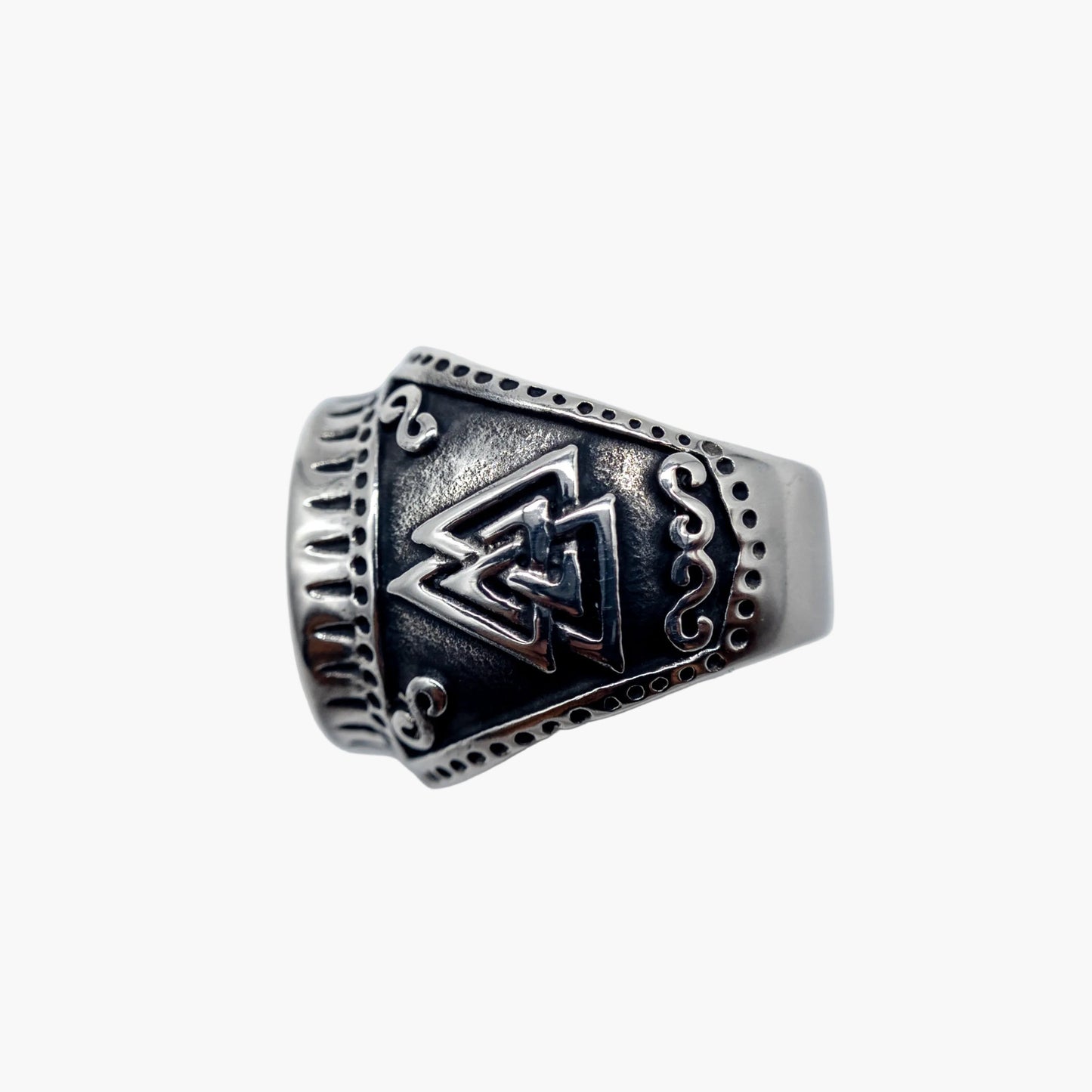 Rebirth ring Valknut stainless steel ring tilted side view.