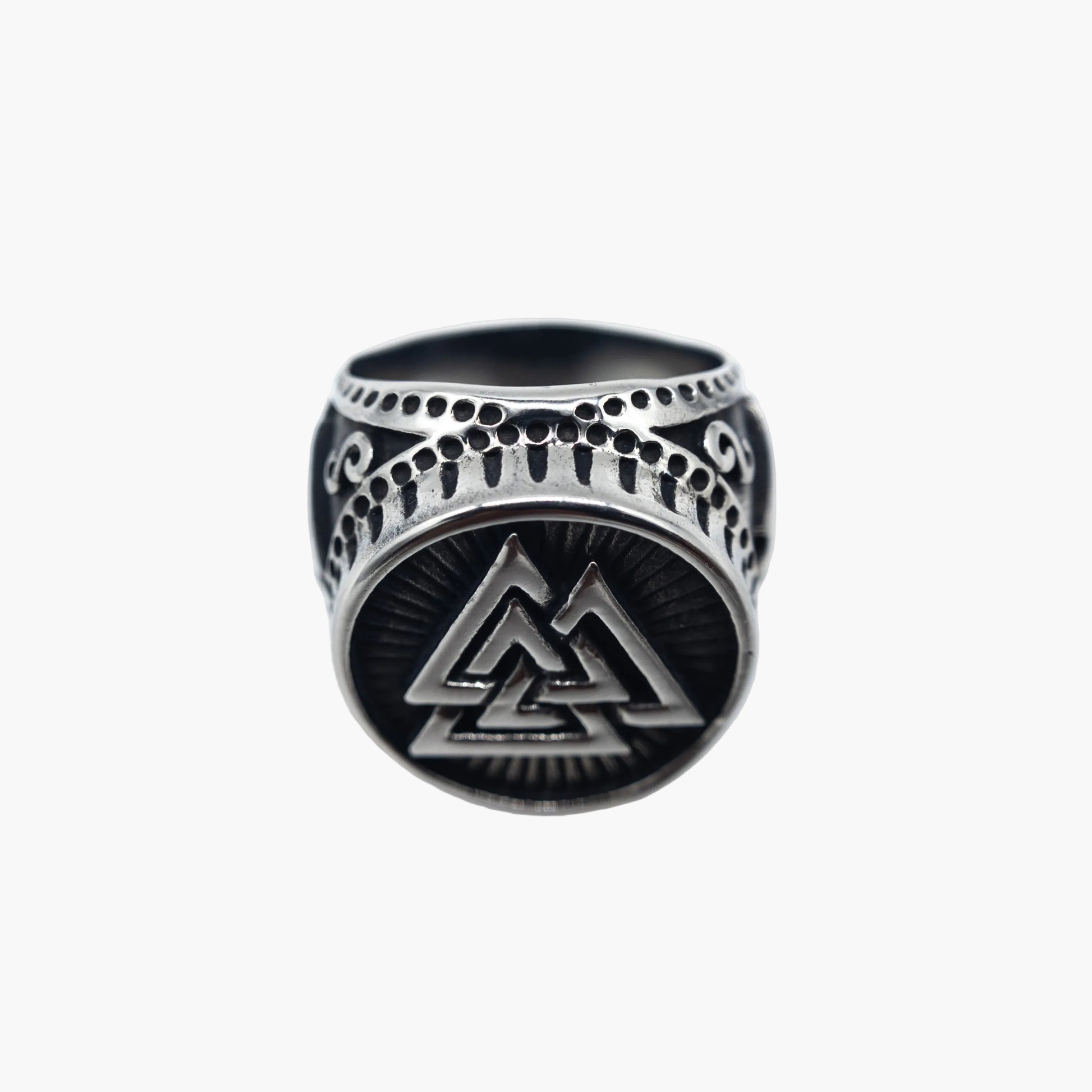 Rebirth Valknut stainless steel ring top down view