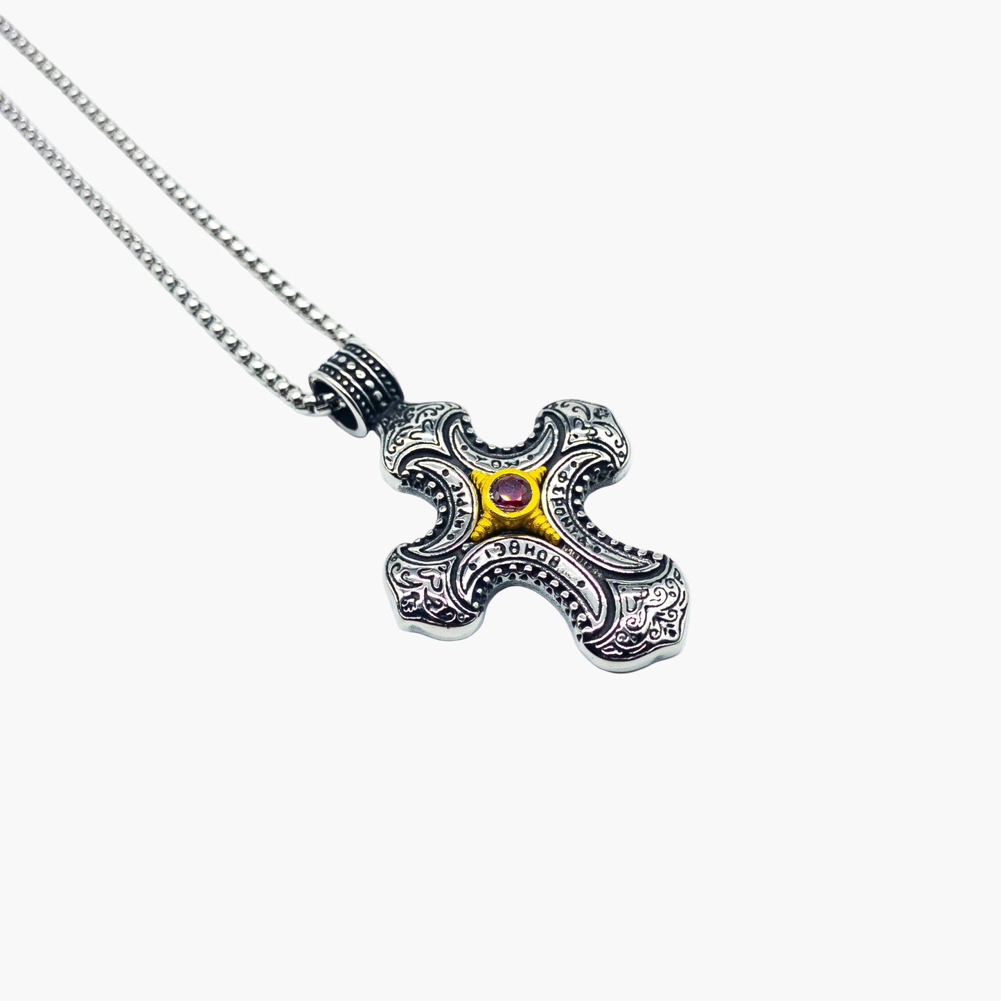 left angle view of Red Jewel Cross pendant in 316L stainless steel