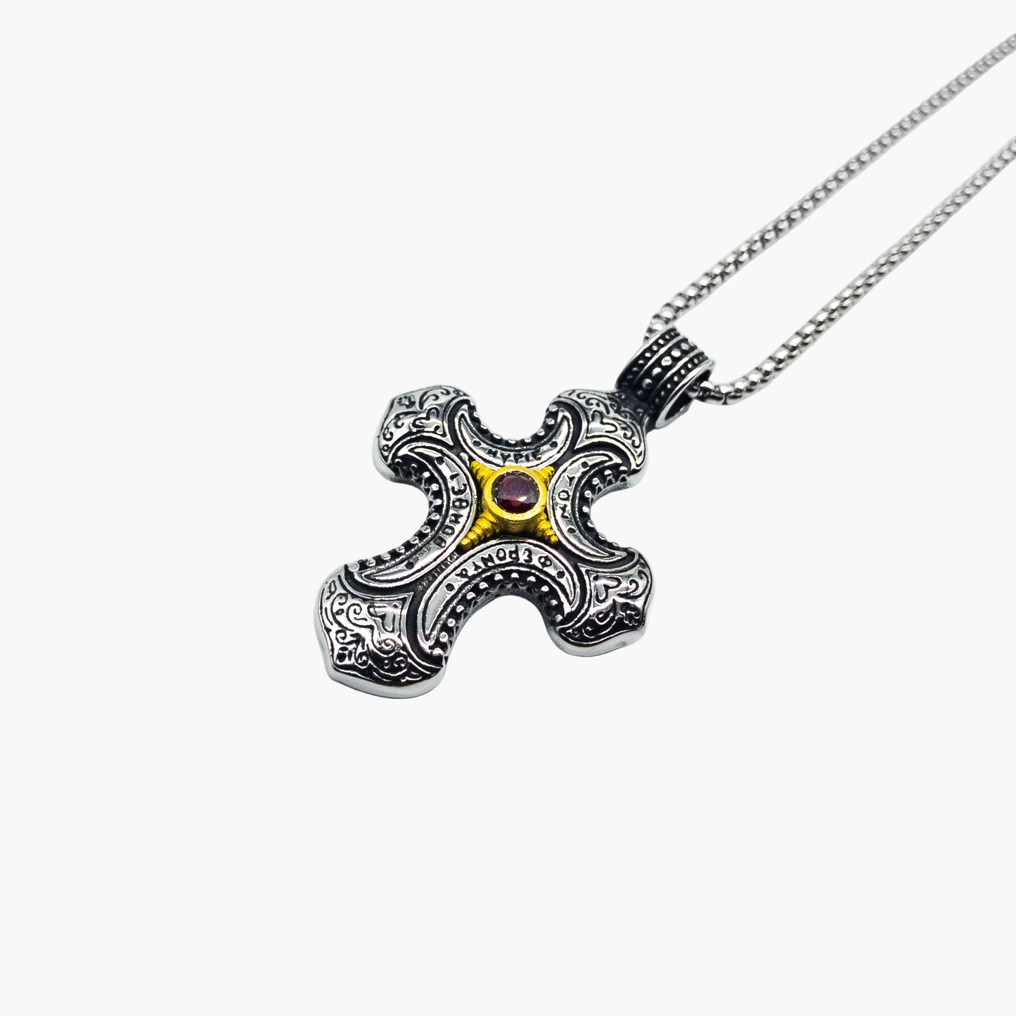 Red Jewel Cross Stainless Steel Pendant Necklace HOUSE OF ROK
