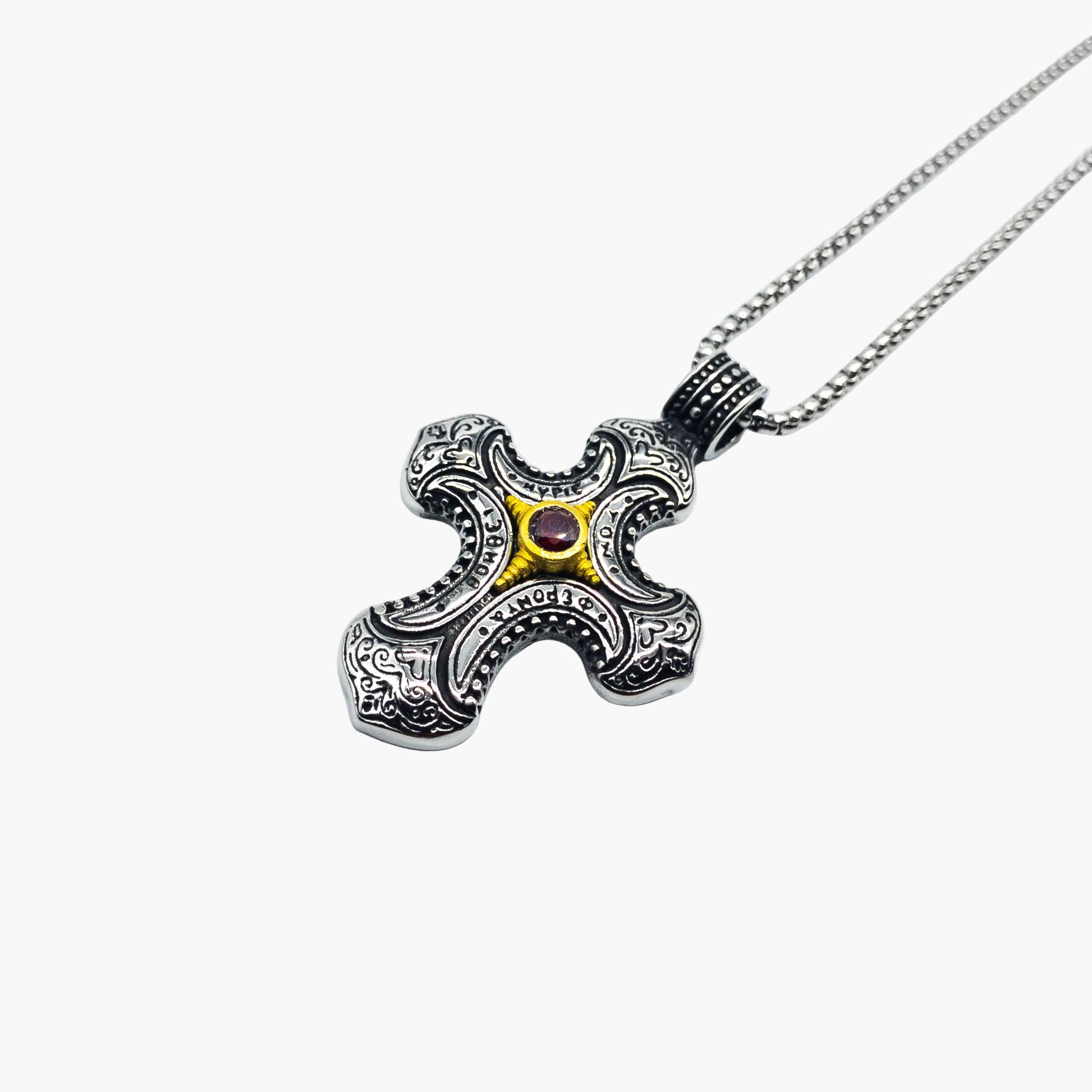 Red Jewel Cross Stainless Steel Pendant Necklace HOUSE OF ROK
