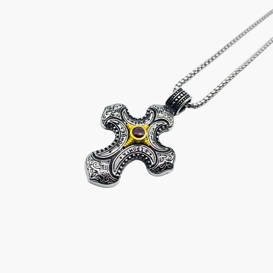Red Jewel Cross Stainless Steel Pendant Necklace HOUSE OF ROK