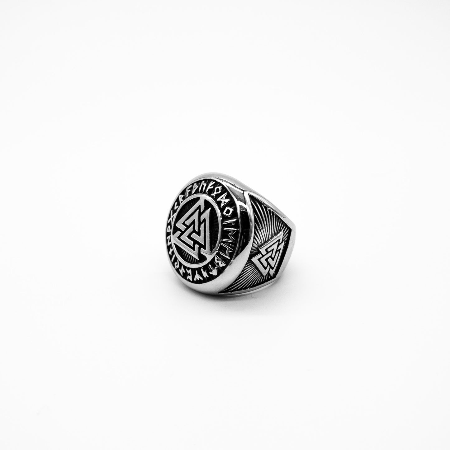 left angle view of Ring of God showing Valknut side band detail