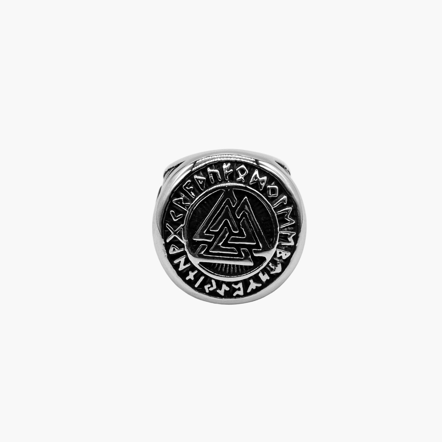 Valknut symbol and runic rim engraving on face of Ring of God bezel shot