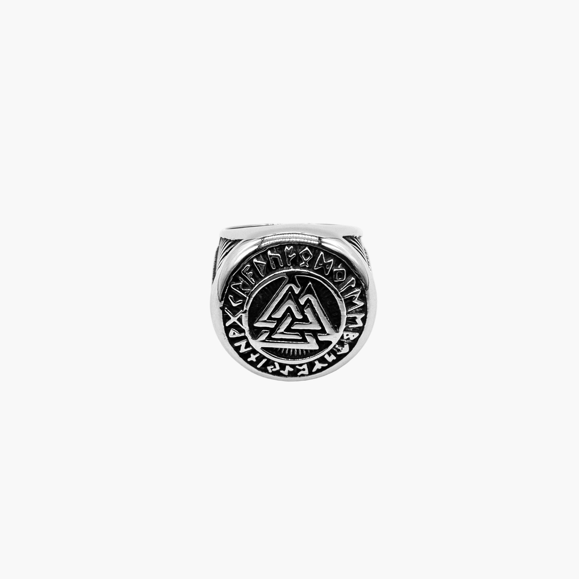 Valknut symbol and runic rim engraving on face of Ring of God