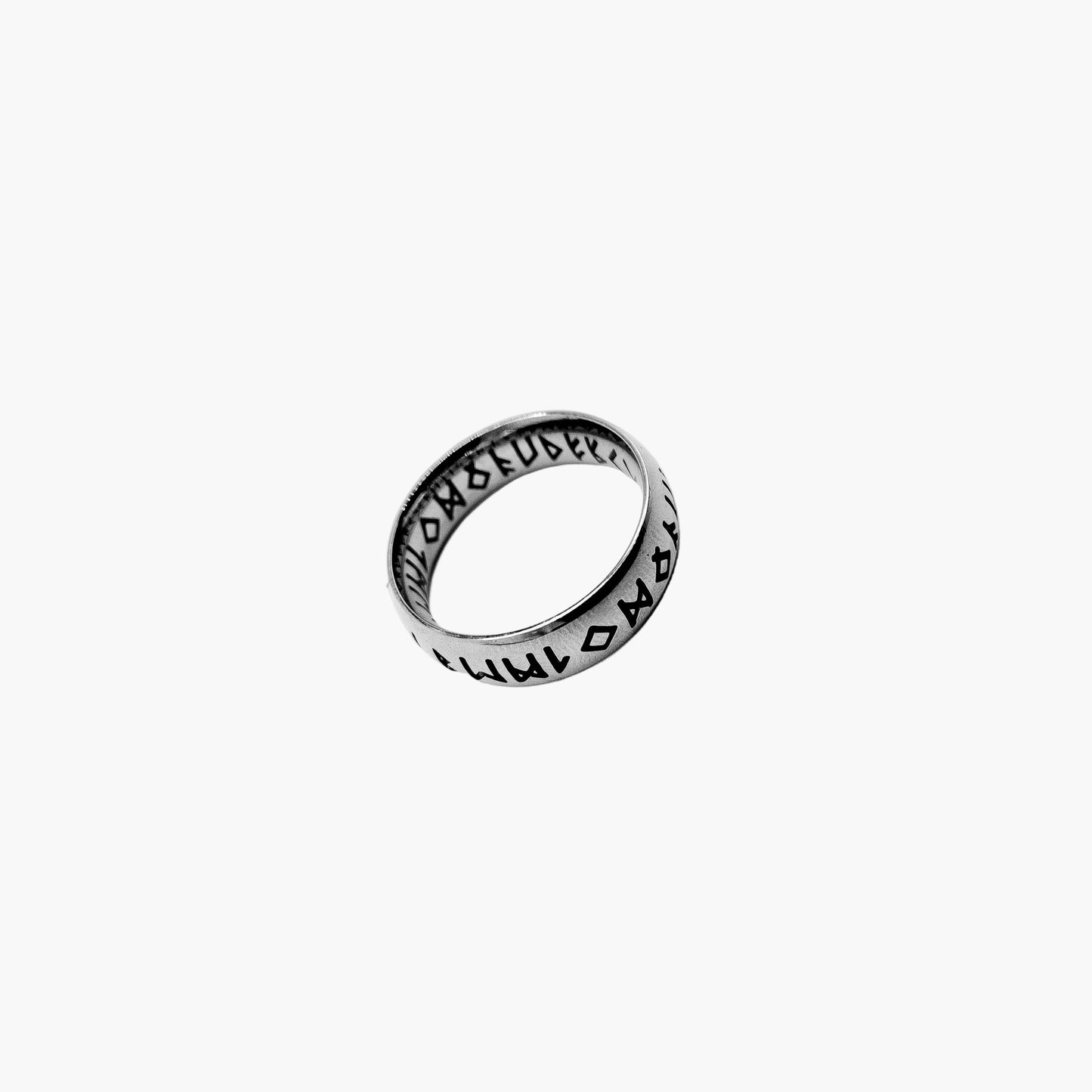 angled view of Runes stainless steel rune ring
