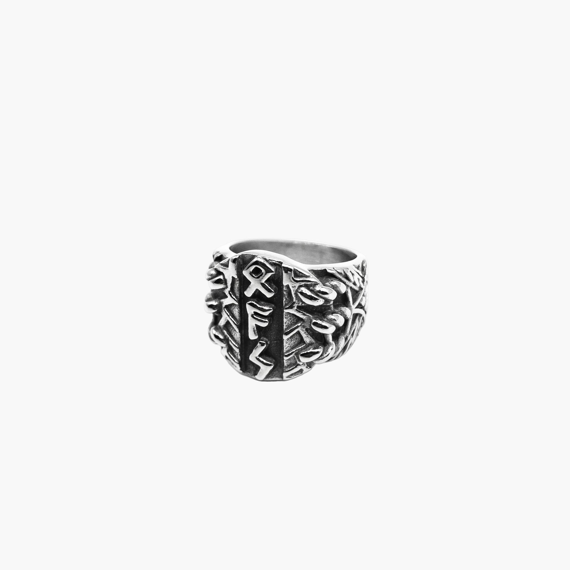 left angle view of Runescode rune ring in 316L stainless steel