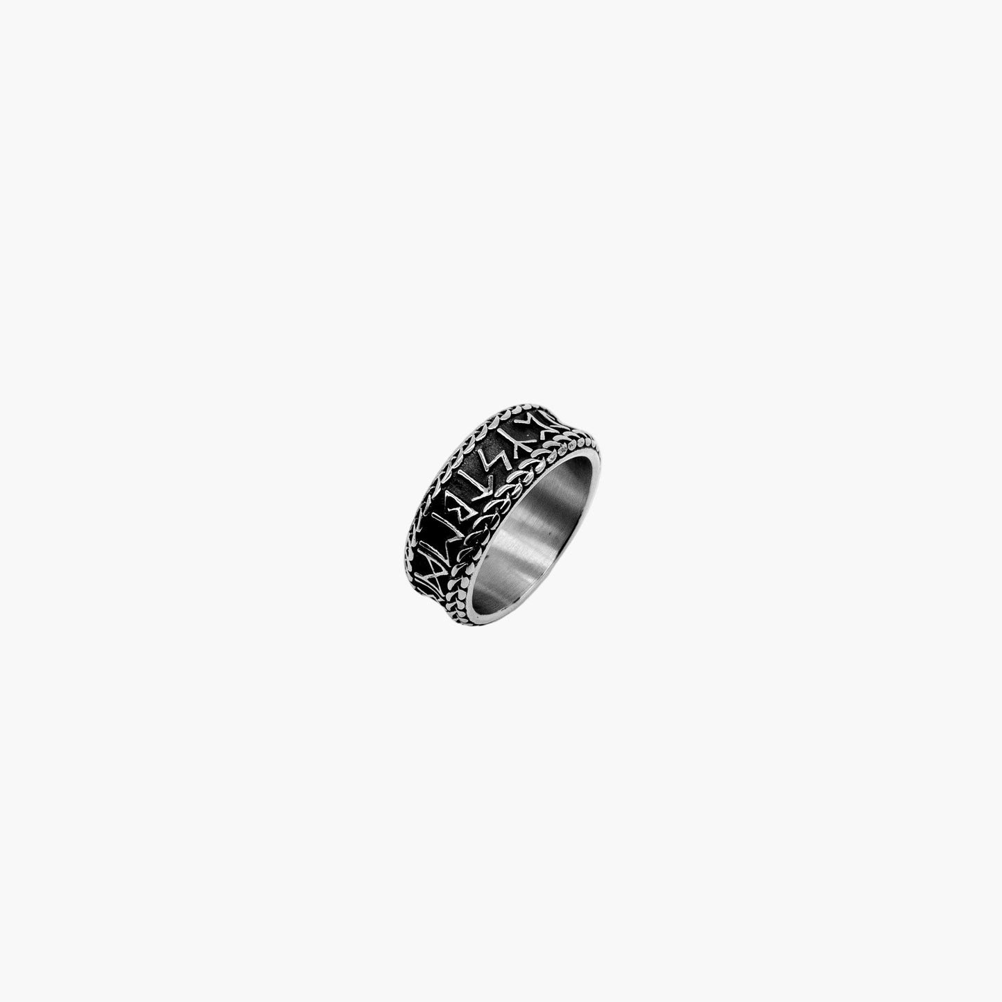 angled view of Runic Band stainless steel rune ring