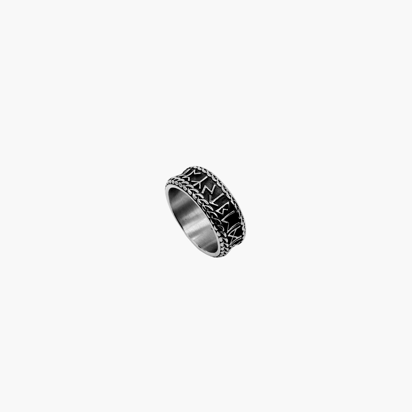 tilted shot of Runic Band stainless steel rune ring