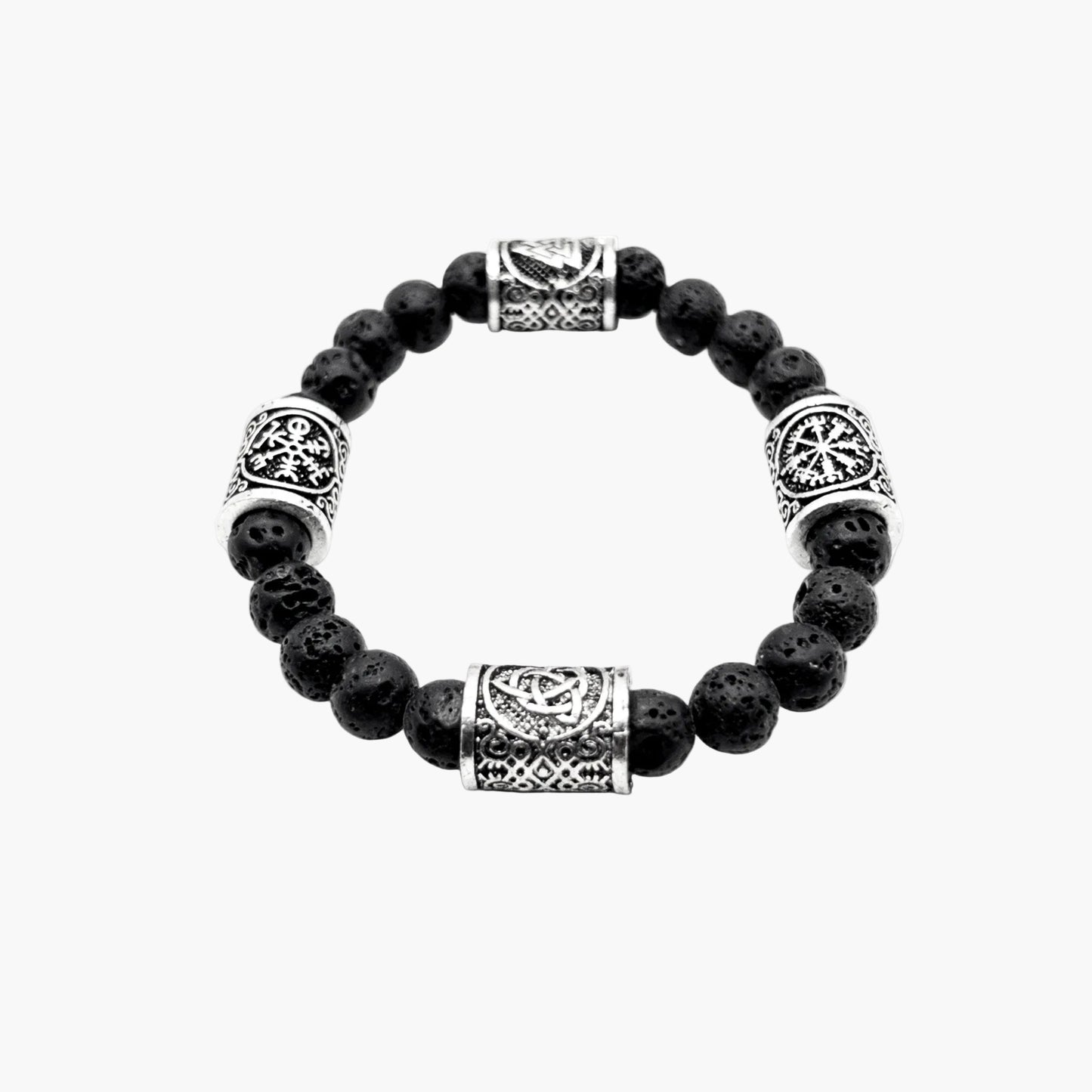 Norse motif engraving detail on silver accent of Runic Charms lava stone bracelet