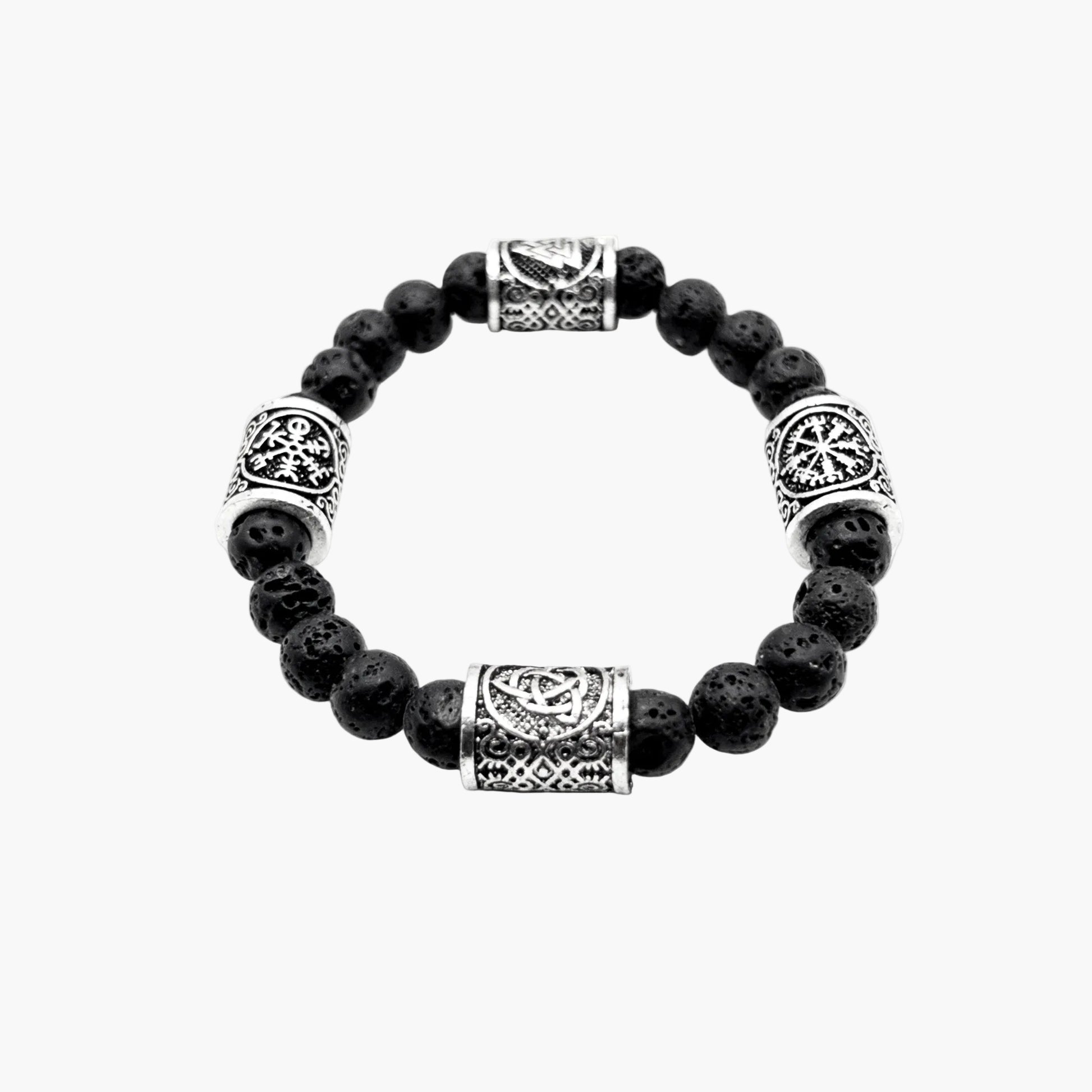 Norse motif engraving detail on silver accent of Runic Charms lava stone bracelet