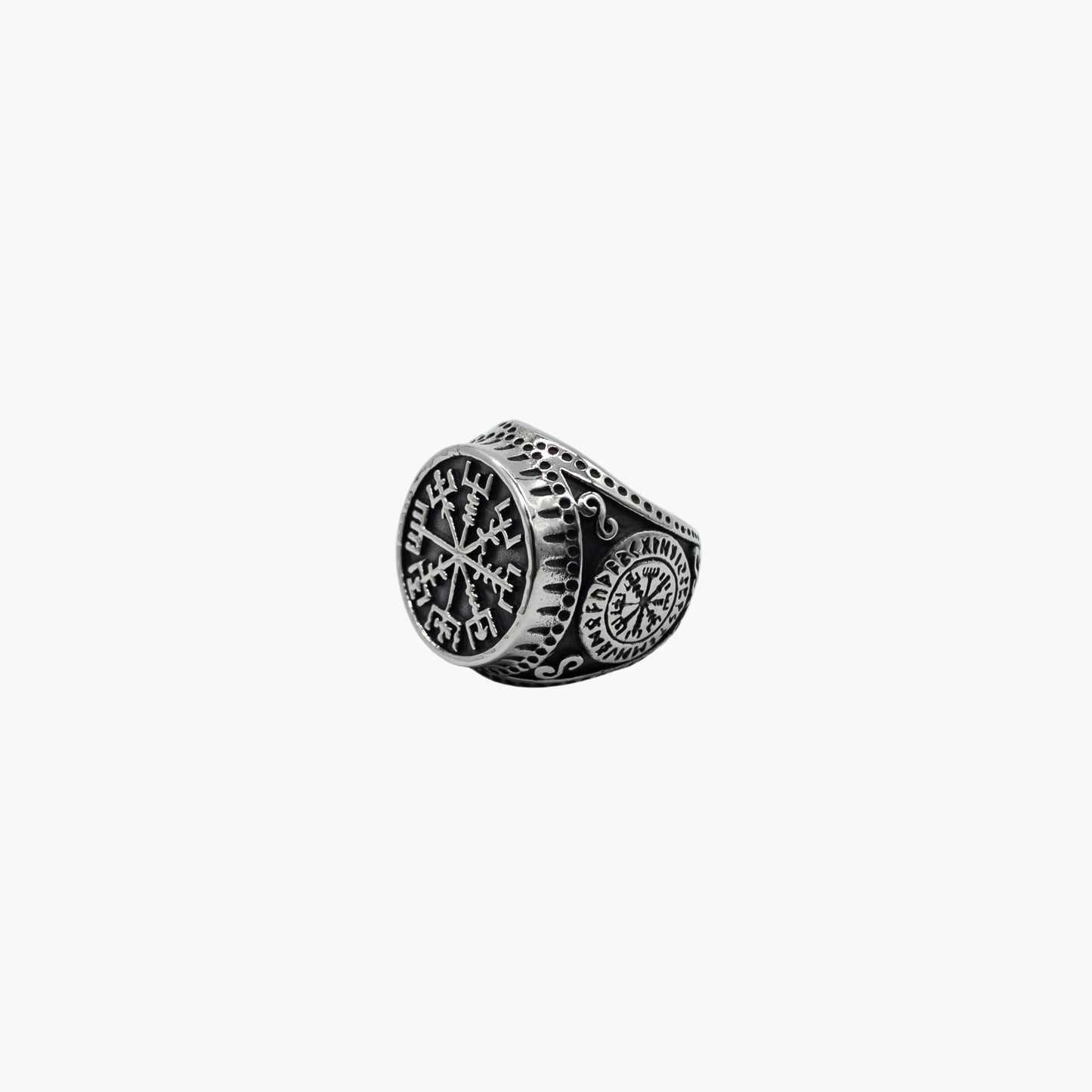 right angle view of Runic Kompass ring showing side compass motif