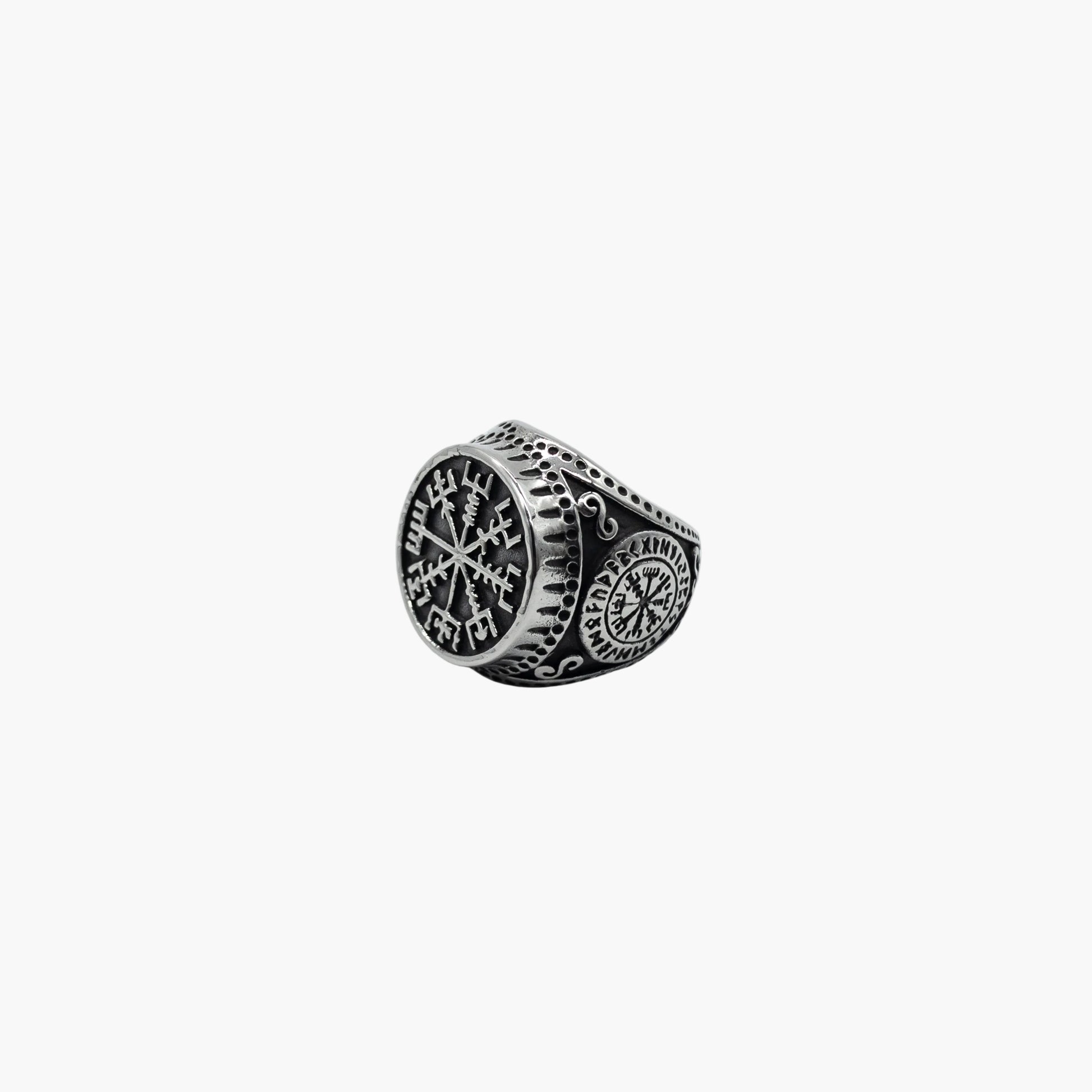right angle view of Runic Kompass ring showing side compass motif