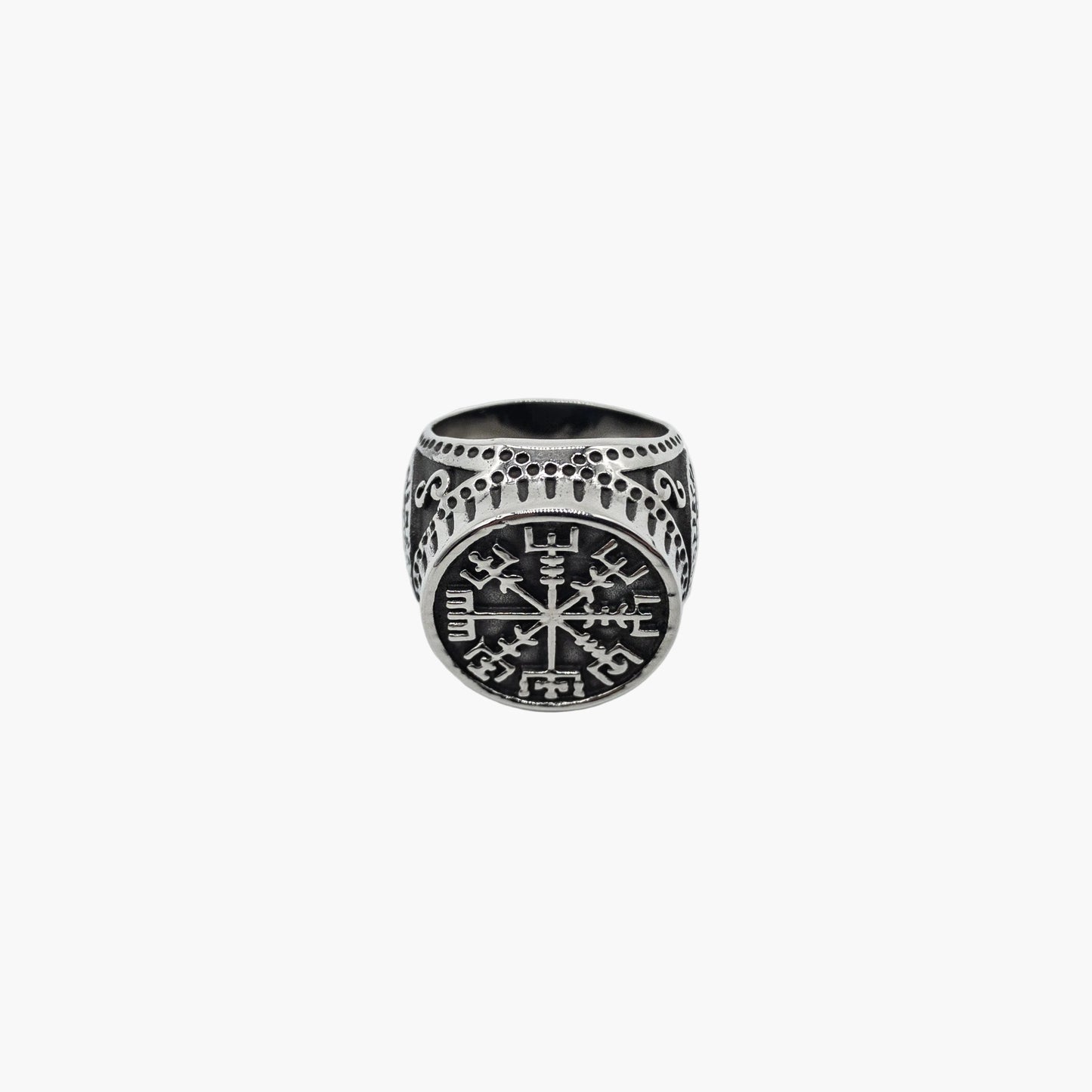 Top down shot Vegvisir compass engraving on face of Runic Kompass ring
