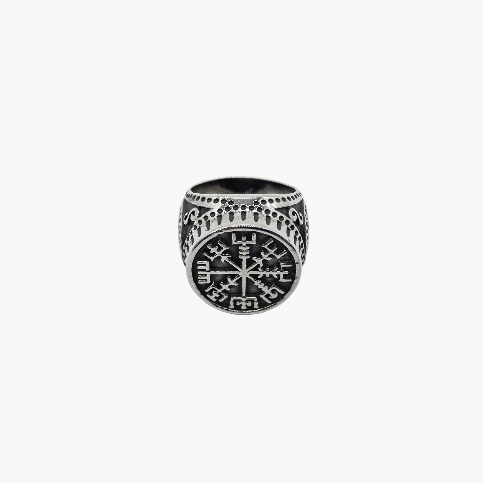 Top down shot Vegvisir compass engraving on face of Runic Kompass ring