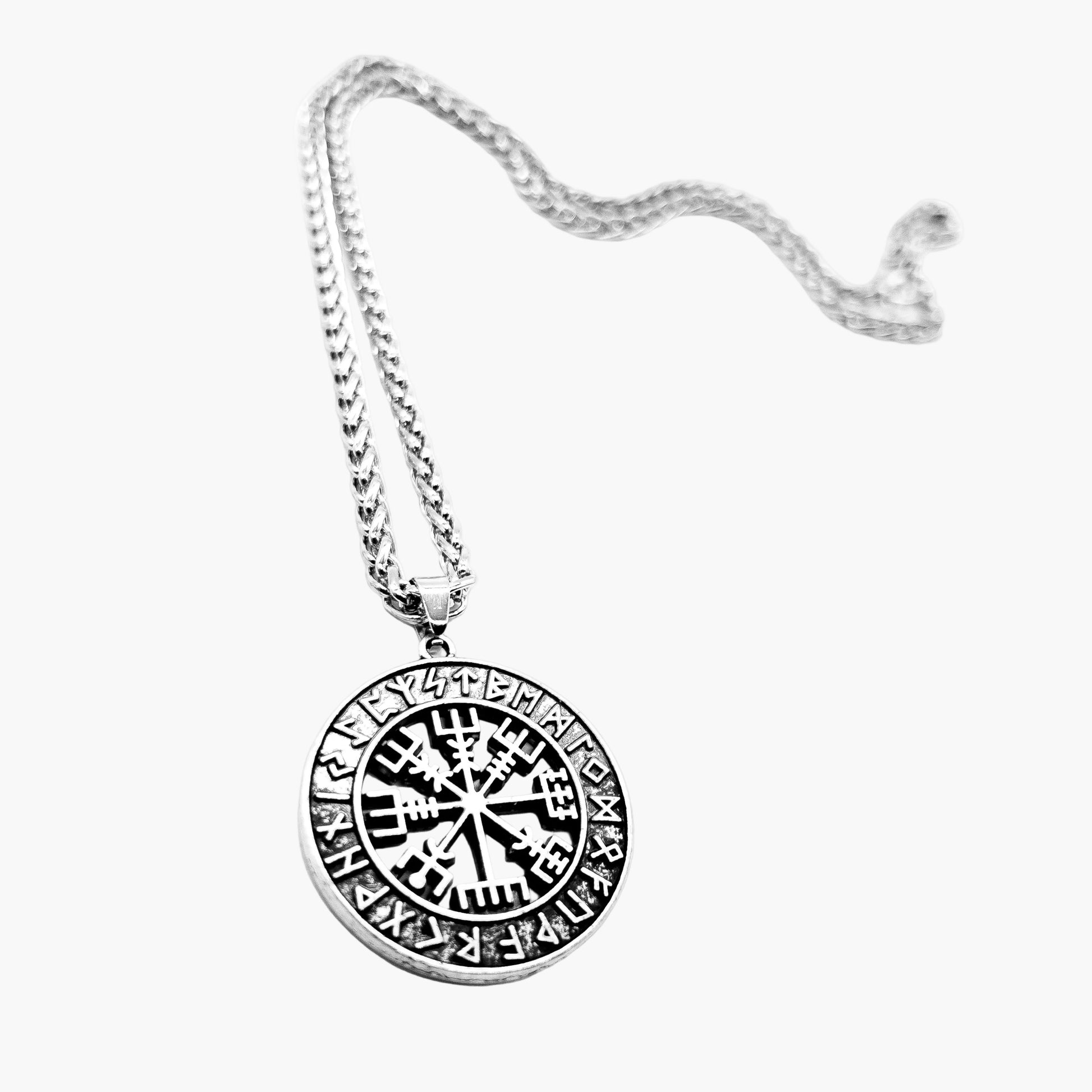 right angle view of Runic Medallion Norse pendant with chain