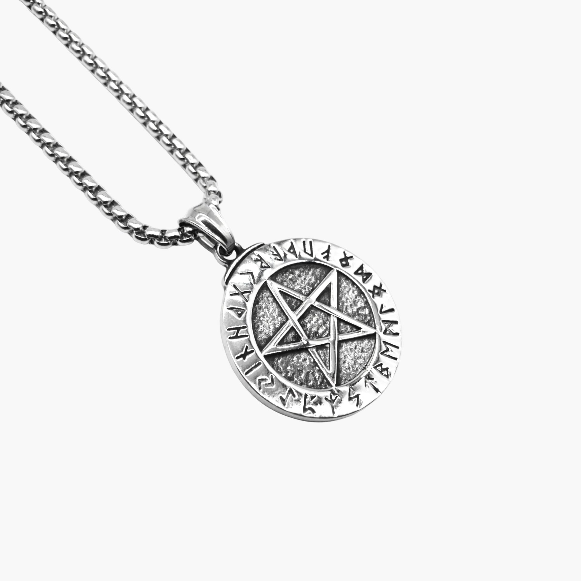 left angle view of Runic Star pendant in 316L stainless steel
