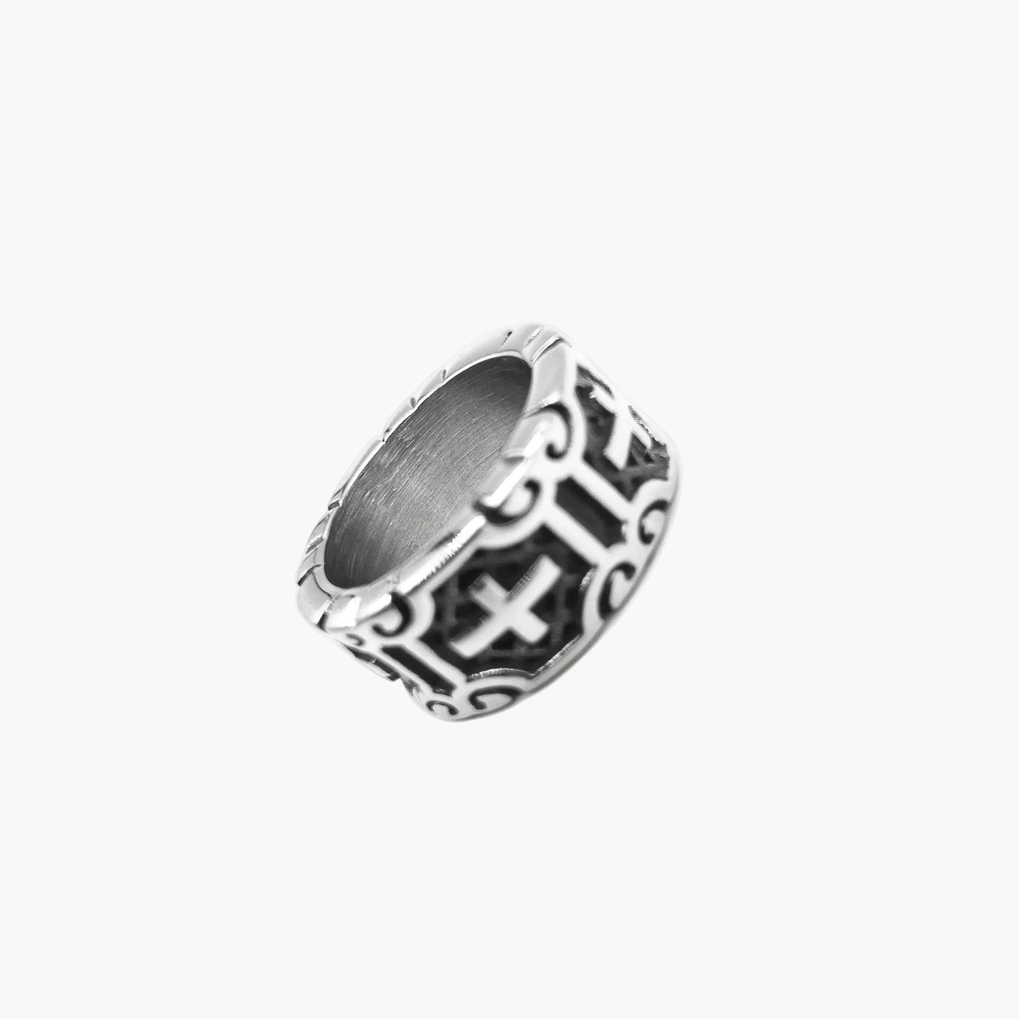 angled shot of sacred cross stainless steel ring