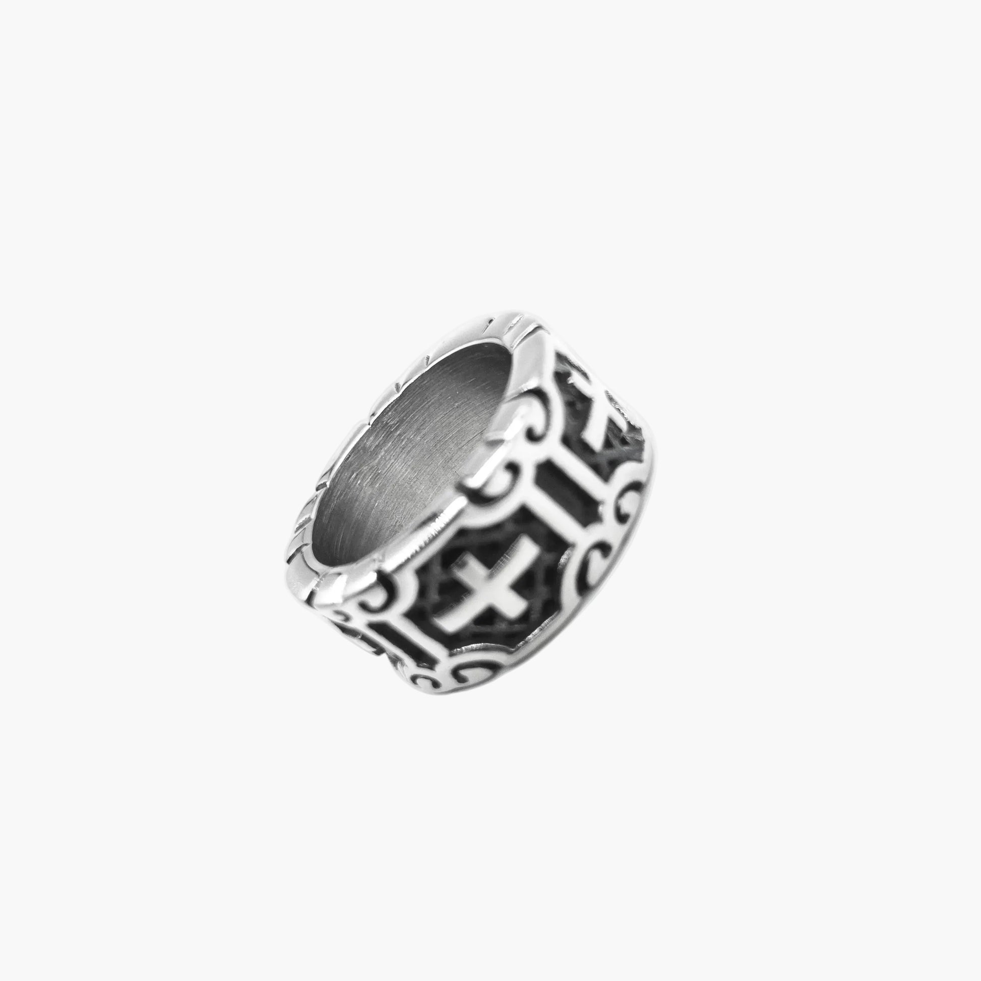 angled shot of sacred cross stainless steel ring