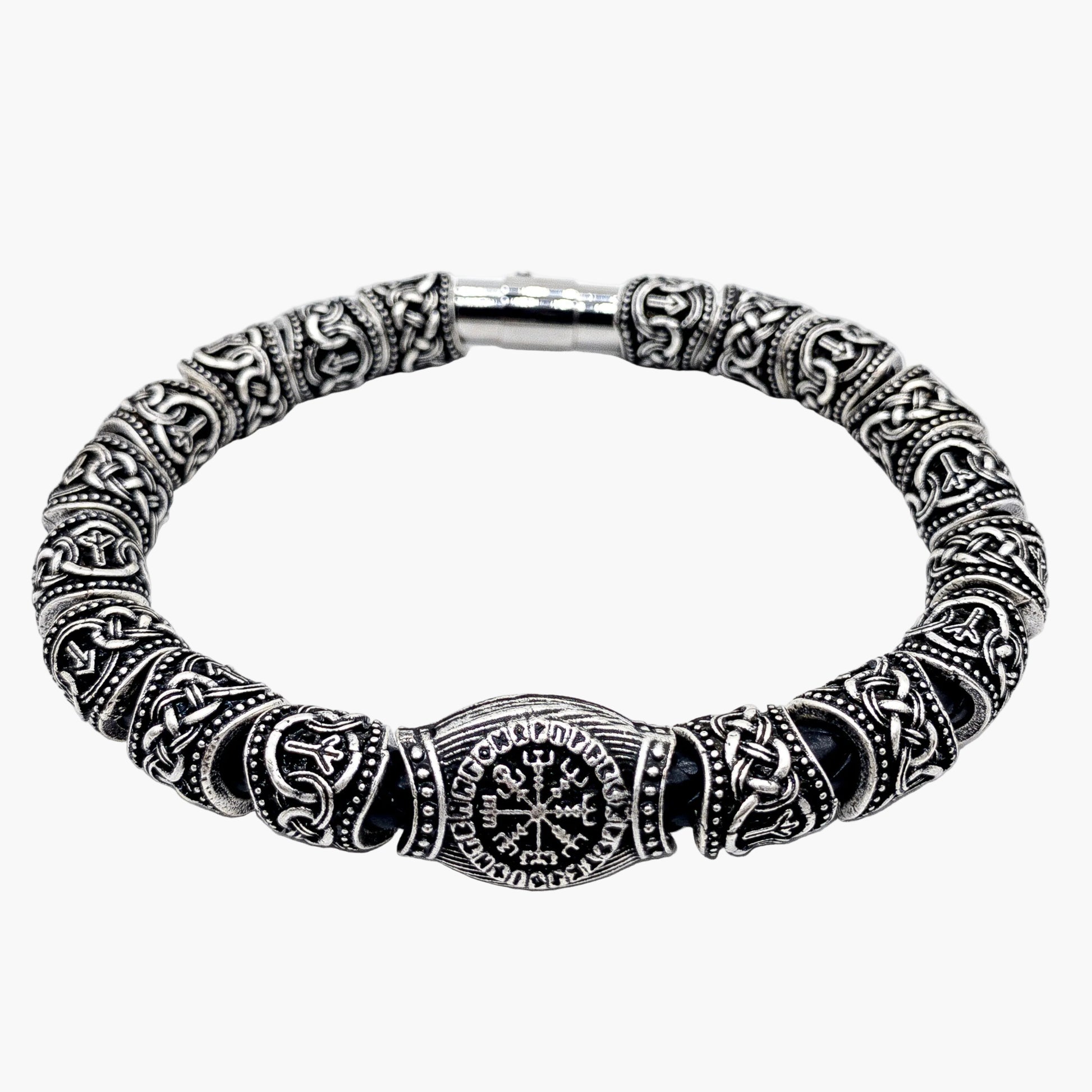 Saga leather bracelet with Vegvisir laid flat showing detail