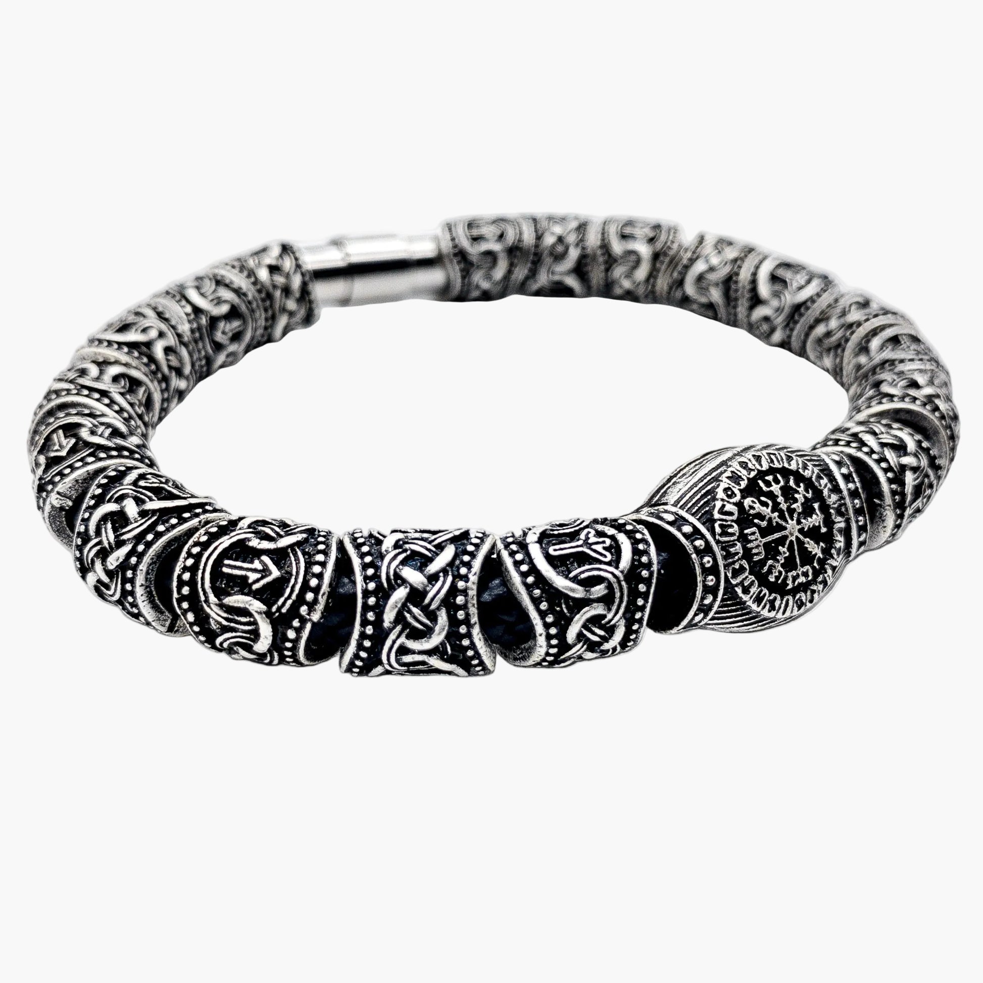 angled view of Saga braided leather Norse bracelet