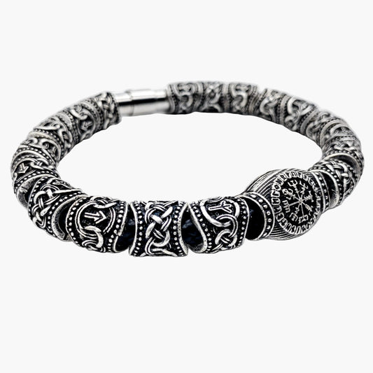 angled view of Saga braided leather Norse bracelet