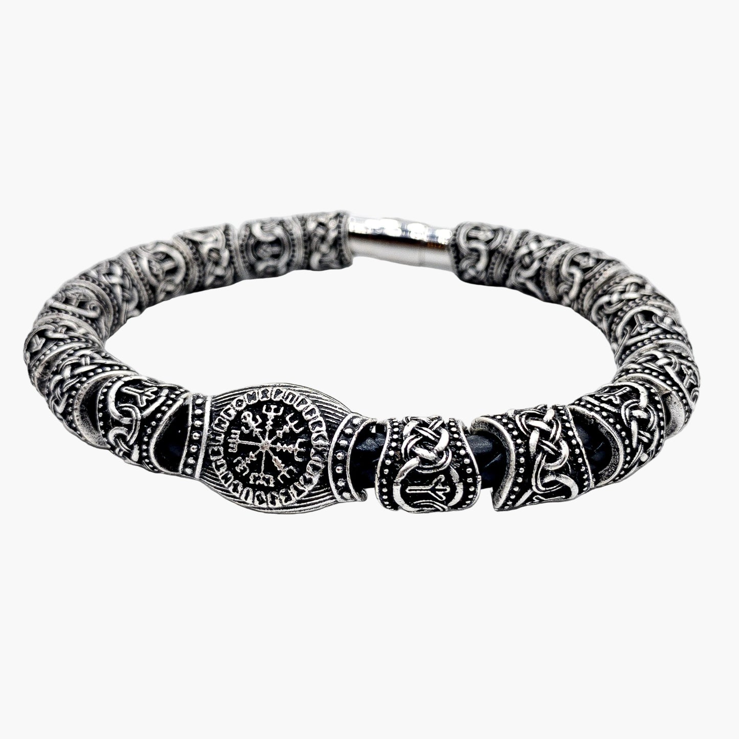 close up angled view of Saga braided leather norse bracelet