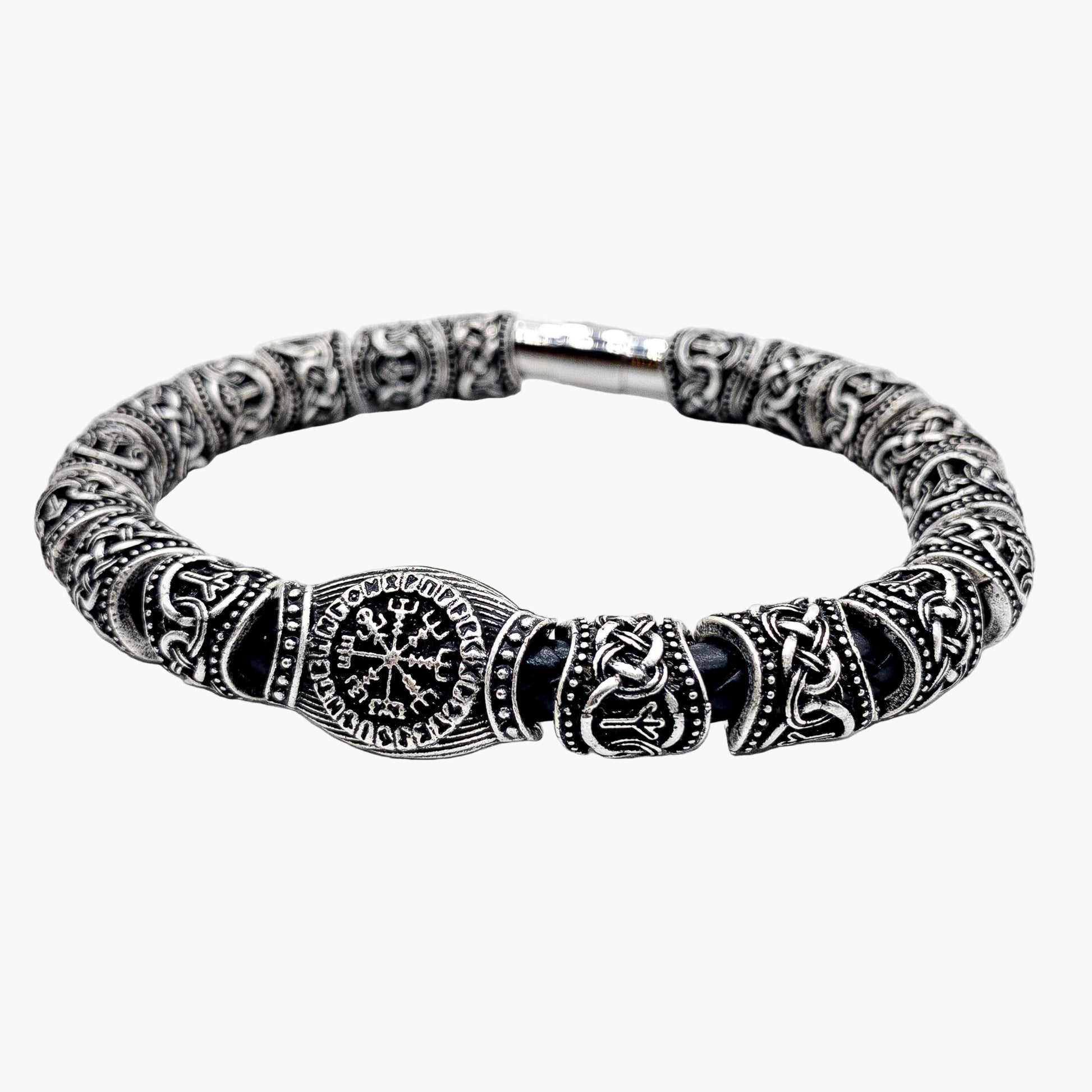 close up angled view of Saga braided leather norse bracelet