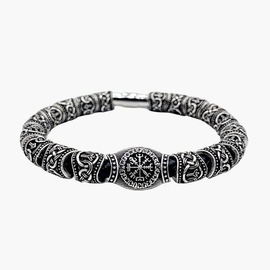 HOUSE OF ROK Saga Vegvisir Silver Plated Leather Norse Bracelet
