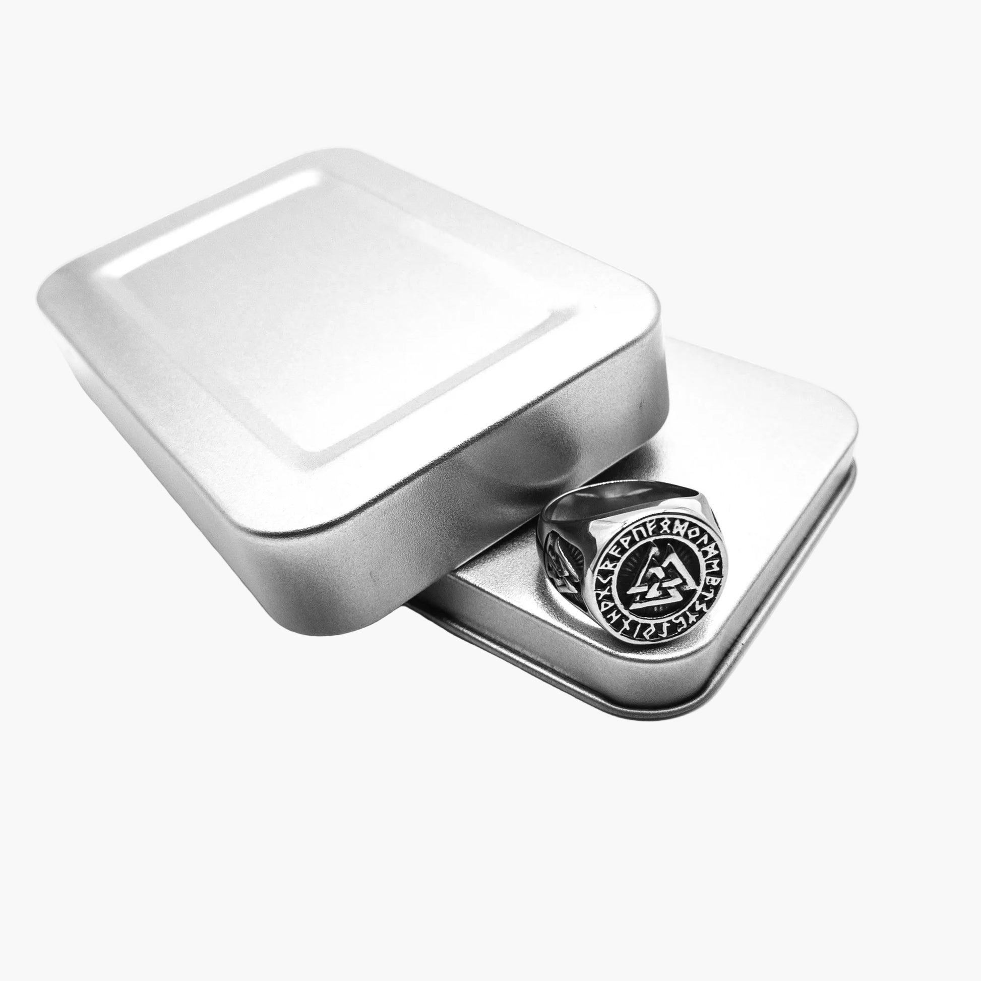 Close up of Seider Ring displaying precise Scandinavian style engravings on 316L stainless steel on gift box.