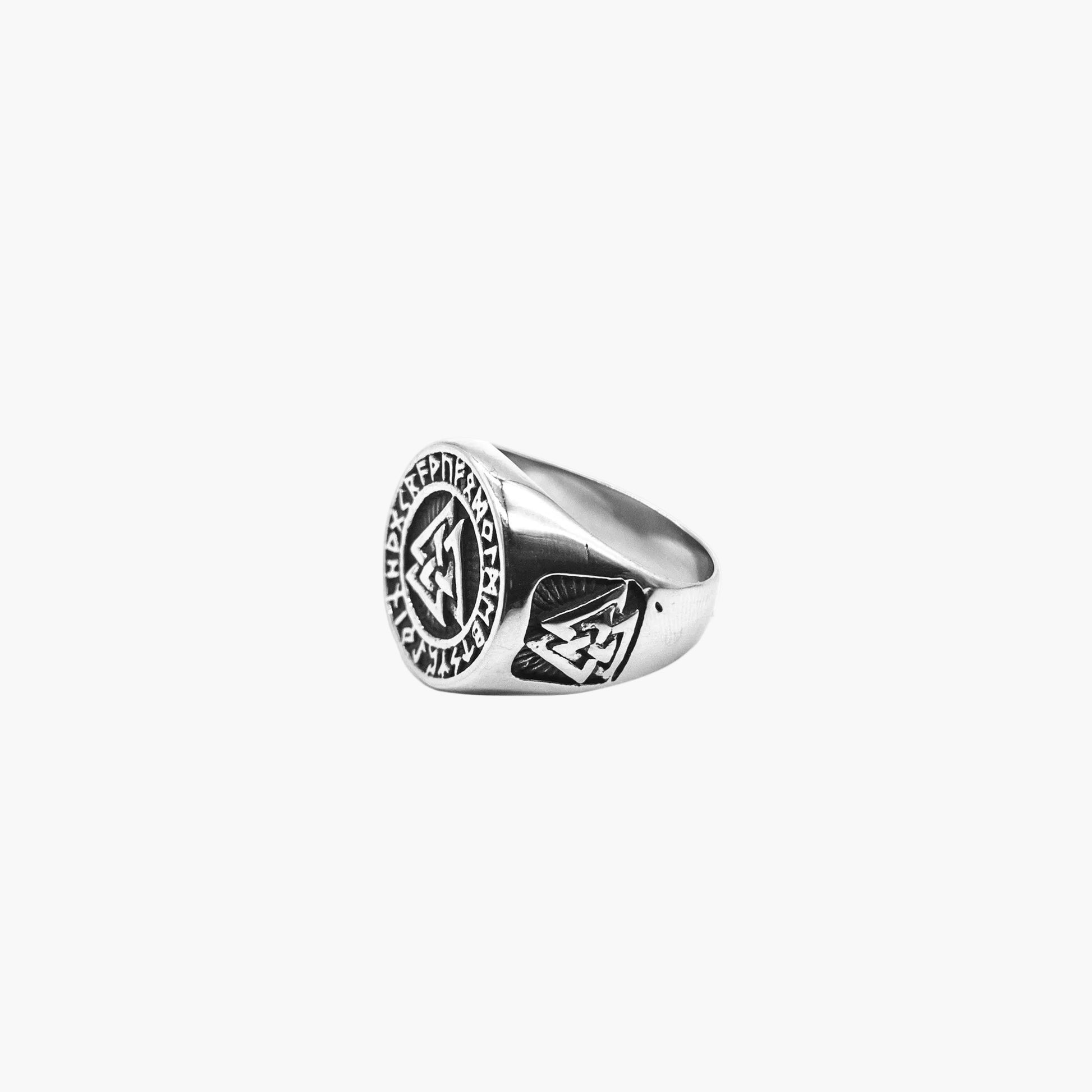 Seider Ring by HOUSE OF ROK in silver plated 316L stainless steel with detailed Norse engravings right side view