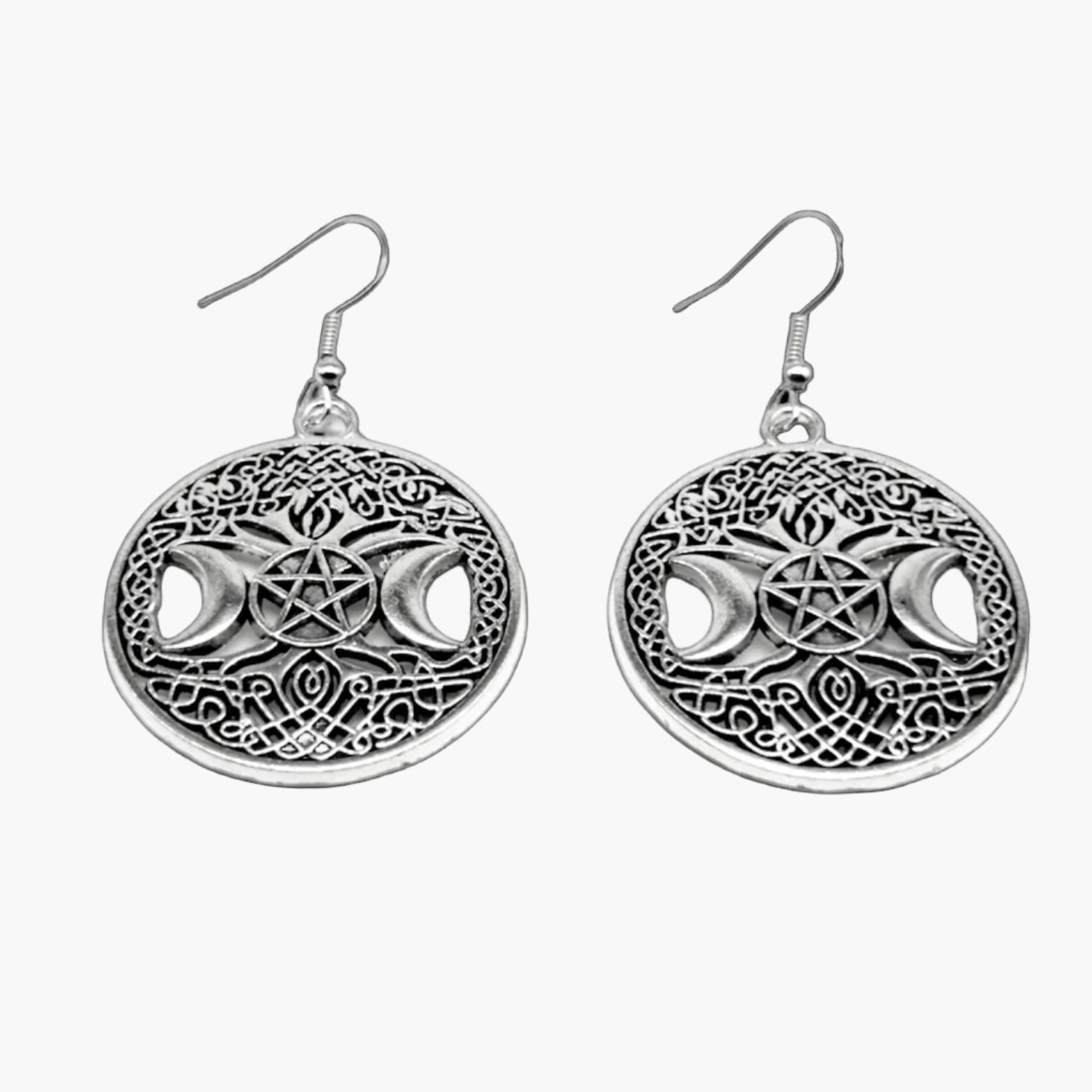 Silver pentagram moon earrings by HOUSE OF ROK with central pentagram and crescent moon detailing