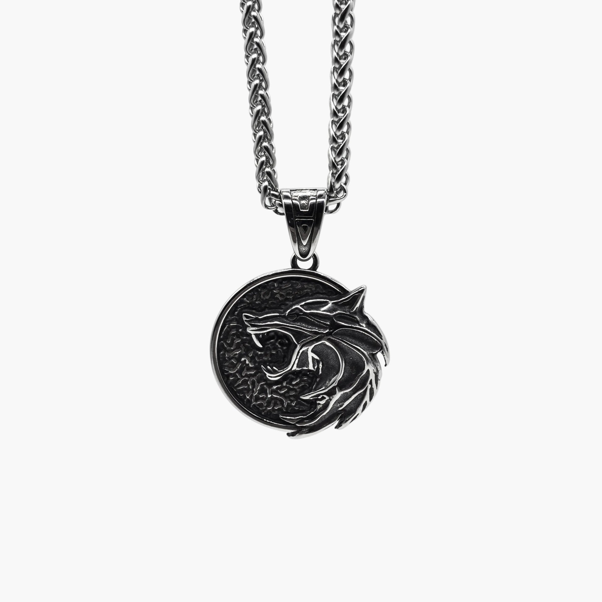 top down view of Skoll Chain Norse wolf pendant necklace with chain