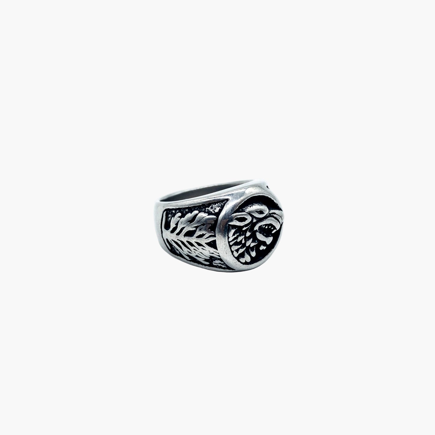 left side shot of Skoll Norse ring showing wolf and Yggdrasil detail
